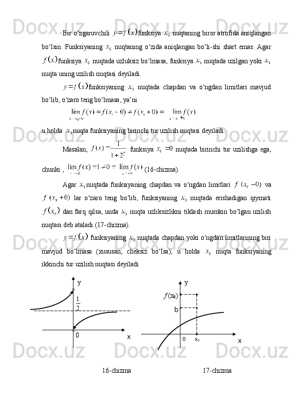 Bir o zgaruvchili ʻ funksiya   nuqtaning biror atrofida aniqlangan
bo lsin.	
ʻ   Funksiyaning     nuqtaning   o zida   aniqlangan   bo li-shi   shart   emas.   Agar	ʻ ʻ
funksiya   nuqtada uzluksiz bo lmasa, funksiya 
ʻ  nuqtada uzilgan yoki 
nuqta uning uzilish nuqtasi deyiladi.
funksiyaning     nuqtada   chapdan   va   o ngdan   limitlari   mavjud	
ʻ
bo lib, o zaro teng bo lmasa, ya’ni	
ʻ ʻ ʻ
u holda   nuqta funksiyaning birinchi tur uzilish nuqtasi deyiladi.
Masalan,     funksiya     nuqtada birinchi tur uzilishga ega,
chunki ,  (16-chizma).
Agar   nuqtada   funksiyaning   chapdan   va   o ngdan   limitlari  	
ʻ   va
  lar   o zaro	
ʻ   teng   bo lib,   funksiyaning	ʻ  
  nuqtada   erishadigan   qiymati
  dan farq qilsa, unda     nuqta uzliksizlikni tiklash mumkin bo lgan uzilish	
ʻ
nuqtasi deb ataladi (17-chizma).
  funksiyaning    nuqtada chapdan yoki o ngdan limitlarining biri	
ʻ
mavjud   bo lmasa   (xususan,   cheksiz   bo lsa),   u   holda  	
ʻ ʻ  
nuqta   funksiyaning
ikkinchi tur uzilish nuqtasi deyiladi
 
16-chizma  17-chizma
1
20
xy
x
00
xy
f  (x
0 )
b 