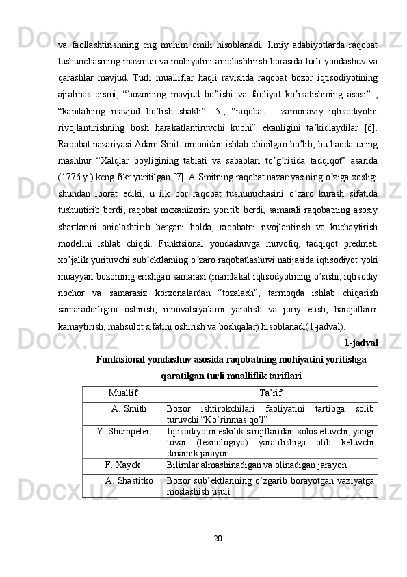 va   faollashtirishning   eng   muhim   omili   hisoblanadi.   Ilmiy   adabiyotlarda   raqobat
tushunchasining mazmun va mohiyatini aniqlashtirish borasida turli yondashuv va
qarashlar   mavjud.   Turli   mualliflar   haqli   ravishda   raqobat   bozor   iqtisodiyotining
ajralmas   qismi,   “bozorning   mavjud   bo lishi   va   faoliyat   ko rsatishining   asosi”   ,ʼ ʼ
“kapitalning   mavjud   bo lish   shakli”   [5],   “raqobat   –   zamonaviy   iqtisodiyotni	
ʼ
rivojlantirishning   bosh   harakatlantiruvchi   kuchi”   ekanligini   ta kidlaydilar   [6].	
ʼ
Raqobat nazariyasi Аdam Smit tomonidan ishlab chiqilgan bo lib, bu haqda uning	
ʼ
mashhur   “Xalqlar   boyligining   tabiati   va   sabablari   to g risida   tadqiqot”   asarida	
ʼ ʼ
(1776 y.) keng fikr yuritilgan [7]. А.Smitning raqobat nazariyasining o ziga xosligi	
ʼ
shundan   iborat   ediki,   u   ilk   bor   raqobat   tushunuchasini   o zaro   kurash   sifatida	
ʼ
tushuntirib   berdi,   raqobat   mexanizmini   yoritib   berdi,   samarali   raqobatning   asosiy
shartlarini   aniqlashtirib   bergani   holda,   raqobatni   rivojlantirish   va   kuchaytirish
modelini   ishlab   chiqdi.   Funktsional   yondashuvga   muvofiq,   tadqiqot   predmeti
xo jalik yurituvchi sub ektlarning o zaro raqobatlashuvi natijasida iqtisodiyot yoki	
ʼ ʼ ʼ
muayyan bozorning erishgan samarasi (mamlakat iqtisodyotining o sishi, iqtisodiy	
ʼ
nochor   va   samarasiz   korxonalardan   “tozalash”,   tarmoqda   ishlab   chiqarish
samaradorligini   oshirish,   innovatsiyalarni   yaratish   va   joriy   etish,   harajatlarni
kamaytirish, mahsulot sifatini oshirish va boshqalar) hisoblanadi(1-jadval).
1-jadval
Funktsional yondashuv asosida raqobatning mohiyatini yoritishga
qaratilgan turli mualliflik tariflari
Muallif Ta’rif
A. Smith Bozor   ishtirokchilari   faoliyatini   tartibga   solib
turuvchi “Ko’rinmas qo’l”
Y. Shumpeter Iqtisodiyotni eskilik sarqitlaridan xolos etuvchi, yangi
tovar   (texnologiya)   yaratilishiga   olib   keluvchi
dinamik jarayon 
F. Xayek Bilimlar almashinadigan va olinadigan jarayon
A. Shastitko Bozor   sub’ektlarining   o’zgarib   borayotgan   vaziyatga
moslashish usuli
20 