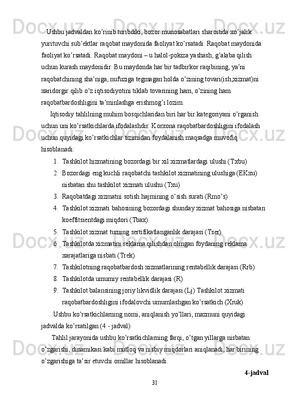    Ushbu jadvaldan ko’rinib turibdiki, bozor munosabatlari sharoitida xo’jalik 
yurituvchi sub’ektlar raqobat maydonida faoliyat ko’rsatadi. Raqobat maydonida 
faoliyat ko’rsatadi. Raqobat maydoni – u halol-pokiza yashash, g’alaba qilish 
uchun kurash maydonidir. Bu maydonda har bir tadbirkor raqibining, ya’ni 
raqobatchining sha’niga, nufuziga tegmagan holda o’zining tovari(ish,xizmat)ni 
xaridorgir qilib o’z iqtisodiyotini tiklab tovarining ham, o’zining ham 
raqobatbardoshligini ta’minlashga erishmog’i lozim.
     Iqtisodiy tahlilning muhim bosqichlaridan biri har bir kategoriyani o’rganish 
uchun uni ko’rsatkichlarda ifodalashdir. Korxona raqobatbardoshligini ifodalash 
uchun quyidagi ko’rsatkichlar tizimidan foydalanish maqsadga muvofiq 
hisoblanadi:
1. Tashkilot hizmatining bozordagi bir xil xizmatlardagi ulushi (Txbu)
2. Bozordagi eng kuchli raqobatchi tashkilot xizmatining ulushiga (EKxu) 
nisbatan shu tashkilot xizmati ulushu (Txu)
3. Raqobatdagi xizmatni sotish hajmining o’sish surati (Rmo’s)
4. Tashkilot xizmati bahosining bozordagi shunday xizmat bahosiga nisbatan 
koeffitsientdagi miqdori (Tbax)
5. Tashkilot xizmat turning sertifikatlanganlik darajasi (Tser)
6. Tashkilotda xizmatini reklama qilishdan olingan foydaning reklama 
xarajatlariga nisbati (Trek)
7. Tashkilotning raqobatbardosh xizmatlarining rentabellik darajasi (Rrb)
8. Tashkilotda umumiy rentabellik darajasi (R)
9. Tashkilot balansining joriy likvidlik darajasi (Lj) Tashkilot xizmati 
raqobatbardoshligini ifodalovchi umumlashgan ko’rsatkich (Xruk)
       Ushbu ko’rsatkichlarning nomi, aniqlanish yo’llari, mazmuni quyidagi
jadvalda ko’rsatilgan (4 - jadval)
      Tahlil jarayonida ushbu ko’rsatkichlarning farqi, o’tgan yillarga nisbatan 
o’zgarishi, dinamikasi kabi mutloq va nisbiy miqdorlari aniqlanadi, har birining 
o’zgarishiga ta’sir etuvchi omillar hisoblanadi.
4-jadval
31 