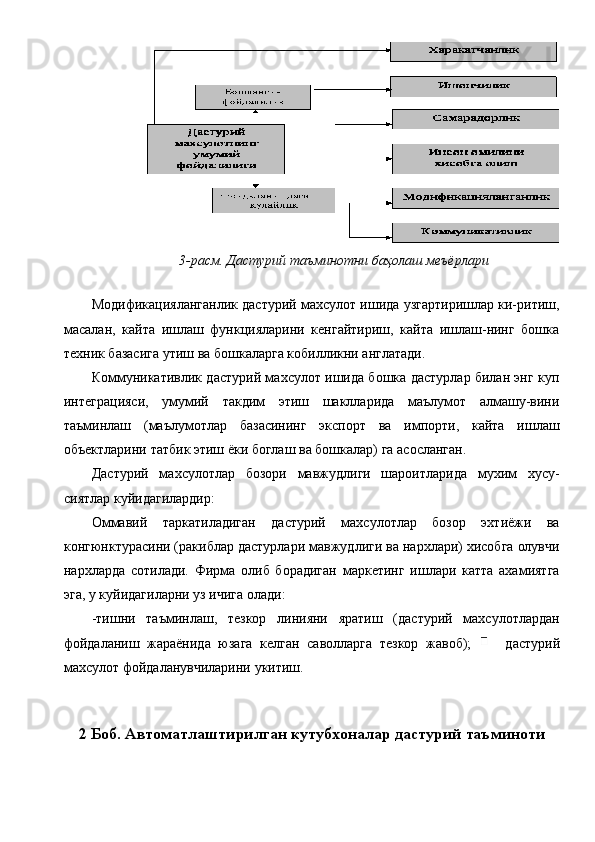 3-расм. Дастурий таъминотни баҳолаш меъёрлари 
 
Модификацияланганлик дастурий махсулот ишида узгартиришлар ки-ритиш,
масалан,   кайта   ишлаш   функцияларини   кенгайтириш,   кайта   ишлаш-нинг   бошка
техник базасига утиш ва бошкаларга кобилликни англатади. 
Коммуникативлик дастурий махсулот ишида бошка дастурлар билан энг куп
интеграцияси,   умумий   такдим   этиш   шаклларида   маълумот   алмашу-вини
таъминлаш   (маълумотлар   базасининг   экспорт   ва   импорти,   кайта   ишлаш
объектларини татбик этиш ёки боглаш ва бошкалар)   га асосланган. 
Дастурий   махсулотлар   бозори   мавжудлиги   шароитларида   мухим   хусу-
сиятлар куйидагилардир: 
Оммавий   таркатиладиган   дастурий   махсулотлар   бозор   эхтиёжи   ва
конгюнктурасини (ракиблар дастурлари мавжудлиги ва нархлари) хисобга олувчи
нархларда   сотилади.   Фирма   олиб   борадиган   маркетинг   ишлари   катта   ахамиятга
эга, у куйидагиларни уз ичига олади: 
-тишни   таъминлаш,   тезкор   линияни   яратиш   (дастурий   махсулотлардан
фойдаланиш   жараёнида   юзага   келган   саволларга   тезкор   жавоб);     дастурий
махсулот фойдаланувчиларини укитиш. 
 
 
2  Боб.   Автоматлаштирилган кутубхоналар дастурий таъминоти 