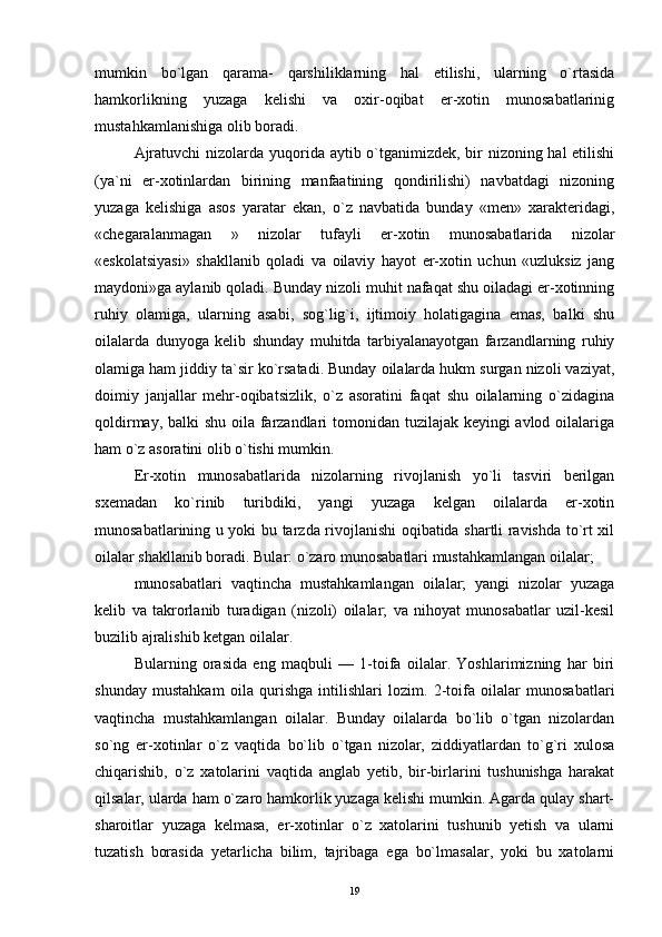 mumkin   bo`lgan   qarama-   qarshiliklarning   hal   etilishi,   ularning   o`rtasida
hamkorlikning   yuzaga   kelishi   va   oxir-oqibat   er-xotin   munosabatlarinig
mustahkamlanishiga olib boradi.
Ajratuvchi  nizolarda yuqorida aytib o`tganimizdek, bir  nizoning hal  etilishi
(ya`ni   er-xotinlardan   birining   manfaatining   qondirilishi)   navbatdagi   nizoning
yuzaga   kelishiga   asos   yaratar   ekan,   o`z   navbatida   bunday   «men»   xarakteridagi,
«chegaralanmagan   »   nizolar   tufayli   er-xotin   munosabatlarida   nizolar
«eskolatsiyasi»   shakllanib   qoladi   va   oilaviy   hayot   er-xotin   uchun   «uzluksiz   jang
maydoni»ga aylanib qoladi. Bunday nizoli muhit nafaqat shu oiladagi er-xotinning
ruhiy   olamiga,   ularning   asabi,   sog`lig`i,   ijtimoiy   holatigagina   emas,   balki   shu
oilalarda   dunyoga   kelib   shunday   muhitda   tarbiyalanayotgan   farzandlarning   ruhiy
olamiga ham jiddiy ta`sir ko`rsatadi. Bunday oilalarda hukm surgan nizoli vaziyat,
doimiy   janjallar   mehr-oqibatsizlik,   o`z   asoratini   faqat   shu   oilalarning   o`zidagina
qoldirmay, balki  shu oila farzandlari  tomonidan tuzilajak keyingi  avlod oilalariga
ham o`z asoratini olib o`tishi mumkin.
Er-xotin   munosabatlarida   nizolarning   rivojlanish   yo`li   tasviri   berilgan
sxemadan   ko`rinib   turibdiki,   yangi   yuzaga   kelgan   oilalarda   er-xotin
munosabatlarining u yoki bu tarzda rivojlanishi oqibatida shartli ravishda to`rt xil
oilalar shakllanib boradi. Bular: o`zaro munosabatlari mustahkamlangan oilalar;
munosabatlari   vaqtincha   mustahkamlangan   oilalar;   yangi   nizolar   yuzaga
kelib   va   takrorlanib   turadigan   (nizoli)   oilalar;   va   nihoyat   munosabatlar   uzil-kesil
buzilib ajralishib ketgan oilalar.
Bularning   orasida   eng   maqbuli   —   1-toifa   oilalar.   Yoshlarimizning   har   biri
shunday   mustahkam   oila   qurishga   intilishlari   lozim.   2-toifa   oilalar   munosabatlari
vaqtincha   mustahkamlangan   oilalar.   Bunday   oilalarda   bo`lib   o`tgan   nizolardan
so`ng   er-xotinlar   o`z   vaqtida   bo`lib   o`tgan   nizolar,   ziddiyatlardan   to`g`ri   xulosa
chiqarishib,   o`z   xatolarini   vaqtida   anglab   yetib,   bir-birlarini   tushunishga   harakat
qilsalar, ularda ham o`zaro hamkorlik yuzaga kelishi mumkin. Agarda qulay shart-
sharoitlar   yuzaga   kelmasa,   er-xotinlar   o`z   xatolarini   tushunib   yetish   va   ularni
tuzatish   borasida   yetarlicha   bilim,   tajribaga   ega   bo`lmasalar,   yoki   bu   xatolarni
19 