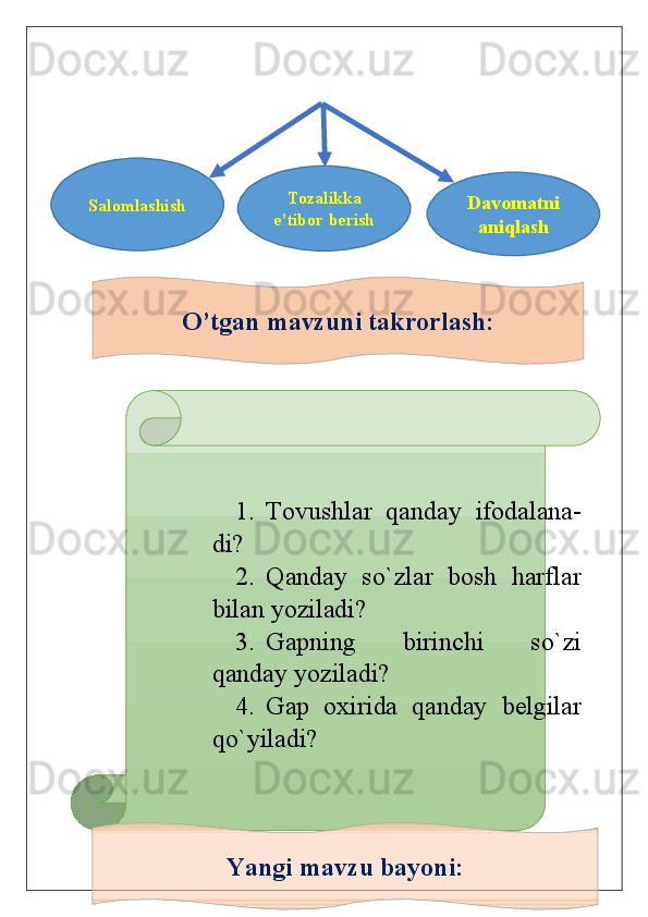 Salomlashish Tozalikka
e’tibor berish Davomatni
aniqlash
O’tgan mavzuni takrorlash:
1. Tovushlar   qanday   ifodalana-
di?
2. Qanday   so`zlar   bosh   harflar
bilan yoziladi?
3. Gapning   birinchi   so`zi
qanday yoziladi?
4. Gap   oxirida   qanday   belgilar
qo`yiladi?
Yangi mavzu bayoni: 
