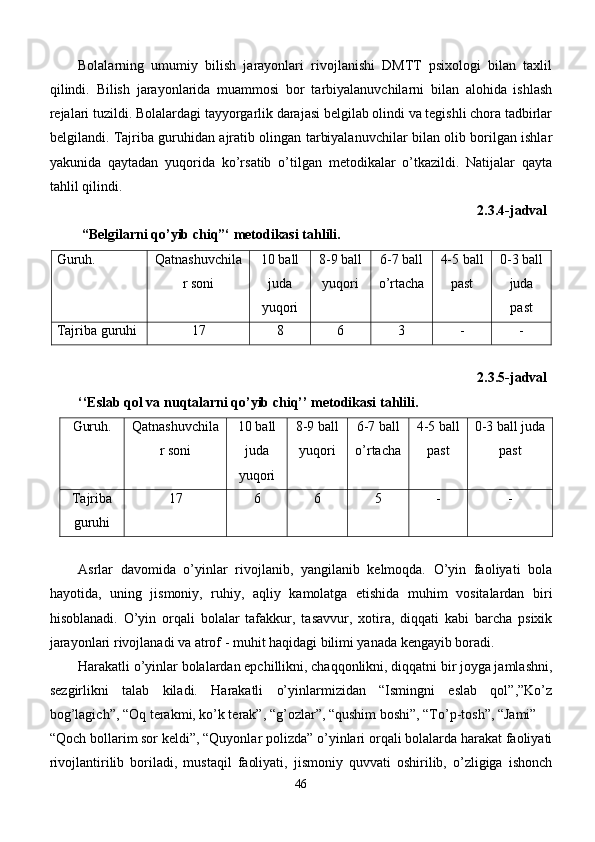 Bolalarning   umumiy   bilish   jarayonlari   rivojlanishi   DMTT   psixologi   bilan   taxlil
qilindi.   Bilish   jarayonlarida   muammosi   bor   tarbiyalanuvchilarni   bilan   alohida   ishlash
rejalari tuzildi. Bolalardagi tayyorgarlik darajasi belgilab olindi va tegishli chora tadbirlar
belgilandi. Tajriba guruhidan ajratib olingan tarbiyalanuvchilar bilan olib borilgan ishlar
yakunida   qaytadan   yuqorida   ko’rsatib   o’tilgan   metodikalar   o’tkazildi.   Natijalar   qayta
tahlil qilindi.
2.3.4-jadval
 “Belgilarni qo’yib chiq”‘ metodikasi tahlili.
Guruh. Qatnashuvchila
r soni 10 ball
juda
yuqori 8-9 ball
yuqori 6-7 ball
o’rtacha 4-5 ball
past 0-3 ball
juda
past
Tajriba guruhi 17 8 6 3 - -
2.3.5-jadval
‘‘Eslab qol va nuqtalarni qo’yib chiq’’ metodikasi tahlili.
Guruh. Qatnashuvchila
r soni 10 ball
juda
yuqori 8-9 ball
yuqori 6-7 ball
o’rtacha 4-5 ball
past 0-3 ball juda
past
Tajriba
guruhi 17 6 6 5 - -
Asrlar   davomida   o’yinlar   rivojlanib,   yangilanib   kelmoqda.   O’yin   faoliyati   bola
hayotida,   uning   jismoniy,   ruhiy,   aqliy   kamolatga   etishida   muhim   vositalardan   biri
hisoblanadi.   O’yin   orqali   bolalar   tafakkur,   tasavvur,   xotira,   diqqati   kabi   barcha   psixik
jarayonlari rivojlanadi va atrof - muhit haqidagi bilimi yanada kengayib boradi.
Harakatli o’yinlar bolalardan epchillikni, chaqqonlikni, diqqatni bir joyga jamlashni,
sezgirlikni   talab   kiladi.   Harakatli   o’yinlarmizidan   “Ismingni   eslab   qol”,”Ko’z
bog’lagich”, “Oq terakmi, ko’k terak”, “g’ozlar”, “qushim boshi”, “To’p-tosh”, “Jami” 
“Qoch bollarim sor keldi”, “Quyonlar polizda” o’yinlari orqali bolalarda harakat faoliyati
rivojlantirilib   boriladi,   mustaqil   faoliyati,   jismoniy   quvvati   oshirilib,   o’zligiga   ishonch
46 