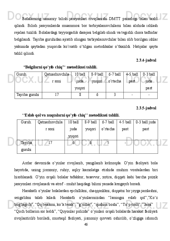 Bolalarning   umumiy   bilish   jarayonlari   rivojlanishi   DMTT   psixologi   bilan   taxlil
qilindi.   Bilish   jarayonlarida   muammosi   bor   tarbiyalanuvchilarni   bilan   alohida   ishlash
rejalari tuzildi. Bolalardagi tayyorgarlik darajasi belgilab olindi va tegishli chora tadbirlar
belgilandi. Tajriba guruhidan ajratib olingan tarbiyalanuvchilar bilan olib borilgan ishlar
yakunida   qaytadan   yuqorida   ko’rsatib   o’tilgan   metodikalar   o’tkazildi.   Natijalar   qayta
tahlil qilindi.
2.3.4-jadval
 “Belgilarni qo’yib chiq”‘ metodikasi tahlili.
Guruh. Qatnashuvchila
r soni 10 ball
juda
yuqori 8-9 ball
yuqori 6-7 ball
o’rtacha 4-5 ball
past 0-3 ball
juda
past
Tajriba guruhi 17 8 6 3 - -
2.3.5-jadval
‘‘Eslab qol va nuqtalarni qo’yib chiq’’ metodikasi tahlili.
Guruh. Qatnashuvchila
r soni 10 ball
juda
yuqori 8-9 ball
yuqori 6-7 ball
o’rtacha 4-5 ball
past 0-3 ball juda
past
Tajriba
guruhi 17 6 6 5 - -
Asrlar   davomida   o’yinlar   rivojlanib,   yangilanib   kelmoqda.   O’yin   faoliyati   bola
hayotida,   uning   jismoniy,   ruhiy,   aqliy   kamolatga   etishida   muhim   vositalardan   biri
hisoblanadi.   O’yin   orqali   bolalar   tafakkur,   tasavvur,   xotira,   diqqati   kabi   barcha   psixik
jarayonlari rivojlanadi va atrof - muhit haqidagi bilimi yanada kengayib boradi.
Harakatli o’yinlar bolalardan epchillikni, chaqqonlikni, diqqatni bir joyga jamlashni,
sezgirlikni   talab   kiladi.   Harakatli   o’yinlarmizidan   “Ismingni   eslab   qol”,”Ko’z
bog’lagich”, “Oq terakmi, ko’k terak”, “g’ozlar”, “qushim boshi”, “To’p-tosh”, “Jami” 
“Qoch bollarim sor keldi”, “Quyonlar polizda” o’yinlari orqali bolalarda harakat faoliyati
rivojlantirilib   boriladi,   mustaqil   faoliyati,   jismoniy   quvvati   oshirilib,   o’zligiga   ishonch
46