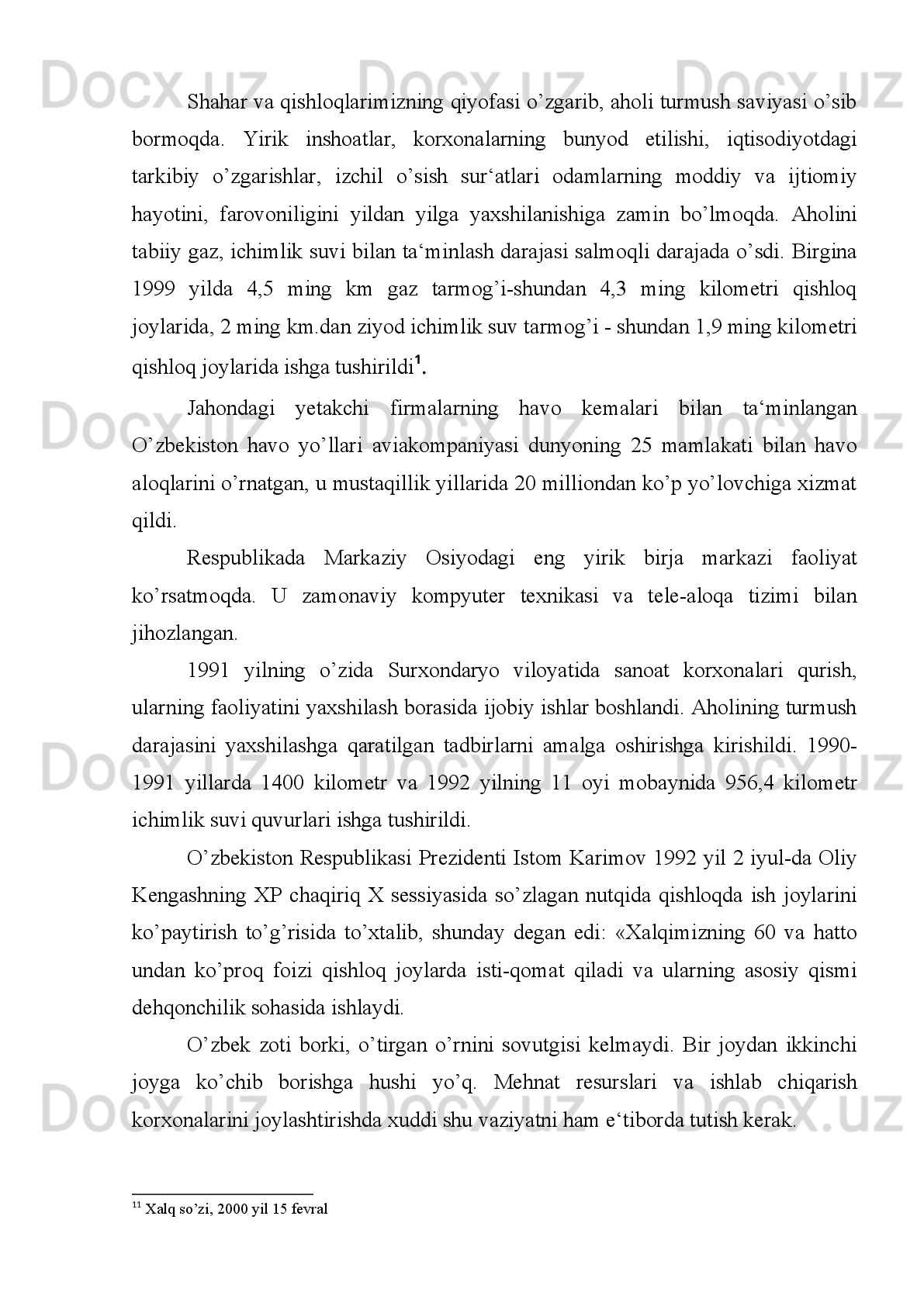 asoslangan kichik va urta biznesga, tadbirkorlikka kreditlar ajratadi. 30 foizi ishlab
chikarilayotgan   mahsulotlar   nomenklaturasi,   assortimentini   jadal   sur‘atda   al-
mashtirayotgan va investitsiyalarga katta muhtojlik sezayoggan xususiylashtirilgan
korxonalarga   kredit   ajratish   uchun   Davlat   mulk   qo’mitasining   maxsus   hisob
raqamiga kelib tushadi. 20 foizi esa ijtimoiy ehtiyojlar uchun hokimiyatlarga kelib
tushadi   va   u   maktablar,   kasalxonalarni   ta‘mirlash,   yangi   avtomobil   yullari   qurish
va   xokazolar   uchun,   ya‘ni   maorif,   soglikni   saklash,   muxandislik   xizmatlari   va
bozor   infrastruktura   kurinishida   tadbirkorlarga   kaytarib   beriladigan   barcha
narsalarga sarflanadi. Kolgan 10 foizi esa xususiylashtirish, tadbirkorlikni qo’llab-
quvvatlash davlat dasturini amalga oshirishga ishlatiladi. 
Tuplangan   tajriba   katta-katta   sanoat   korxonala-   rini   davlat   tasarrufidan
chiqarish   imkonini   berdi.   Chkalov   nomidagi   Toshkent   aviatsiya-ishlab   chiqarish
birlashmasi ochik turdagi davlat-aktsiyadorlik jamiyatiga aylantirildi. 
Qishloq   xo’jaligi   mashinasozligining   15   ta   korxonasi   yukrri   investitsiya
salohiyatiga   ega   bo’lgan   xo’jalik   tuzilmasini   —   «Uzqishloqxo’jalikmashxol-
ding»ni   tashkil   etdi.   Uning   tarkibiga   Toshkent   traktor   zavodi   ishlab   chiqarish
birlashmasi,   «Toshkishmash»   ishlab   chiqarish   birlashmasi,   Toshkent   agregat
zavodi,   «CHirchiqqishmash»,   «O’zbekqishmash»   singari   aktsionerlik   jamiyatlari
kabi yirik korxonalar kirdi. 
Bir   so’z   bilan   aytganda,   mustakillik   yillarida   xususiylashtirish   jarayoni
O’zbekistonda   izchillik   bilan   bosqichma-bosqich   amalga   oshirila   bordi.
O’zbekistonda   itstisodiy   islohotlar   uziga   xos   tarzda   amalga   oshirilar   ekan,
tadbirkorlik   va   ishbilarmonlikni   davlat   tomonidan   qo’llab-quvvatlashga   katta
e‘tibor berildi.
Mustaqillik  xalqimizni  iqtisodiy  zulum,  mutelikdan  ozod  etdi, o’z  yeri,  yer
osti   boyliklari,   suv,   o’simlik   va   hayvanot   dunyosi   va   boshqa   tabiiy   zahiralarga
to’la   egalik   qilish   huquqini   berdi.   O’z   hududimizdagi   barcha   mulk,   korxonalar
O’zbekiston   tasarrufiga   olindi,   mustaqil   iqtisodiy   siyosat   yuritish,   o’z   iqtisodiy
taraqqiyot yo’lini o’zi belgilash erkinligi qo’lga kiritildi.