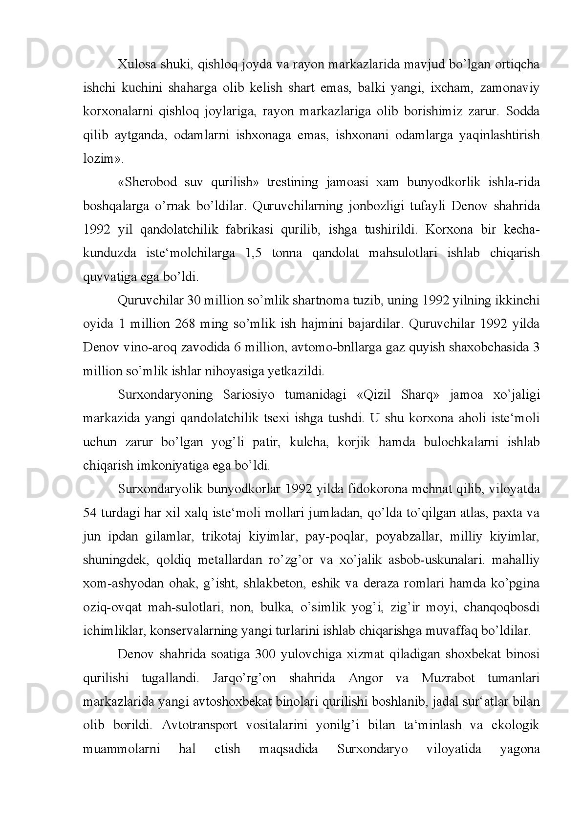 Iqtisodiy   mustaqillik   mamlakatimizga   mustaqil   moliya-kredit,   bank
siyosatini yuritish, o’z davlat byudjetini yaratish va unga to’la egalik qilish milliy
valyuta,  oltin   zahirasi   va  valyuta   jamg’armasini   tashkil   etish   va   ulardan   xalqimiz
farovonligi, yurtimiz obodonligi yo’lida mustaqil foydalanish imkoniyatini yaratdi.
Iqtisodiy   mustaqillik   tufayli   ishlab   chiqarish   munosabatlarini   ma‘muriy-
bo’yruqbozlik,   markaziy   rejalashtiruvchi   mexanizmdan   erkin,   bozor   iqtisodiyoti
sharoitiga o’tkazish, jahon xo’jaligi aloqalari tizimiga kirish mumkin bo’ldi.
Davlat   mustaqilligi   qo’lga   kiritilgach,   O’zbekiston   umumbashariy,   jahon
tsivilizatsiyasining   katta   yo’liga   tushib   oldi.   O’zbekiston   bozor   munosabatlarini
shakllantirishni, milliy an‘analariga asoslangan o’z yo’lini tanlab oldi. Chunki turli
mamlakatlardagi   bozor   iqtisodiyoti,   u   hoh   Amerika   yoki   Germaniya   bo’lsin,   hoh
Yaponiya   bo’lsin   yoki   Janubiy   Koreyada   bo’lsin   baribir   umumiy   qonunlar
bo’yicha   rivojlanib   borgan   holda   har   biri   o’ziga   xos   xususiyatlariga   ham   ega
bo’lgan. Bu xususiyatlar xo’jalikning tuzilishi va shart-sharoitlari, tabiati va iqlimi,
milliy rasm-rusmlari, an‘analari va milliy xarakteri orqali belilanadi.
Muxtasar   qilib   aytganda,   mustaqillik   yillarida   amalga   oshirilgan   iqtisodiy
islohotlar   natijasida   bozor   iqtisodiyoti   asoslari   shakllandi.   Ko’p   ukladli
iqtisodiyotni,   mulkdorlar   tabaqasini   shakllantirishdan   iborat   strategik   vazifa
amalda   ro’yobga   chiqdi.   Respublikamizdagi   korxona   va   xo’jaliklarning   60   foizi
xususiy   mulk   egalari,   fermer,   shirkat   va   dehqon   xo’jaliklariga,   28   foizi
aktsiyadorlik   jamiyatlari,   qo’shma   korxonalar,   kooperativlar,   jamoa   mulki,
mas‘uliyati   cheklangan   jamiyatlar,   jamoat   tashkilotlariga   tegishli.   Davlat
tasarrufidagi korxonlar ulushi atiga 12 foizni tashkil etadi, xolos.