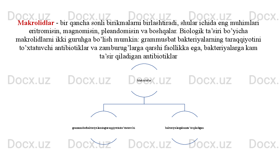 Makrolidlar  - bir qancha sonli birikmalarni birlashtiradi, shular ichida eng muhimlari 
eritromisin, magnomisin, pleandomisin va boshqalar. Biologik ta’siri bo’yicha 
makrolidlarni ikki guruhga bo’lish mumkin: grammusbat bakteriyalarning taraqqiyotini 
to’xtatuvchi antibiotiklar va zamburug’larga qarshi faollikka ega, bakteriyalarga kam 
ta’sir qiladigan antibiotiklar
Makrolidlar
grammusbatbakteriyalarningtaraqqiyotinito’xtatuvchi bakteriyalargakamta’sirqiladigan 