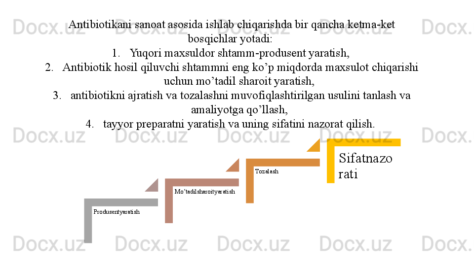 Antibiotikani sanoat asosida ishlab chiqarishda bir qancha ketma-ket 
bosqichlar yotadi: 
1. Yuqori maxsuldor shtamm-produsent yaratish, 
2. Antibiotik hosil qiluvchi shtammni eng ko’p miqdorda maxsulot chiqarishi 
uchun mo’tadil sharoit yaratish, 
3. antibiotikni ajratish va tozalashni muvofiqlashtirilgan usulini tanlash va 
amaliyotga qo’llash, 
4. tayyor preparatni yaratish va uning sifatini nazorat qilish. 
Produsentyaratish Mo’tadilsharoityaratish Tozalash Sifatnazo
rati 