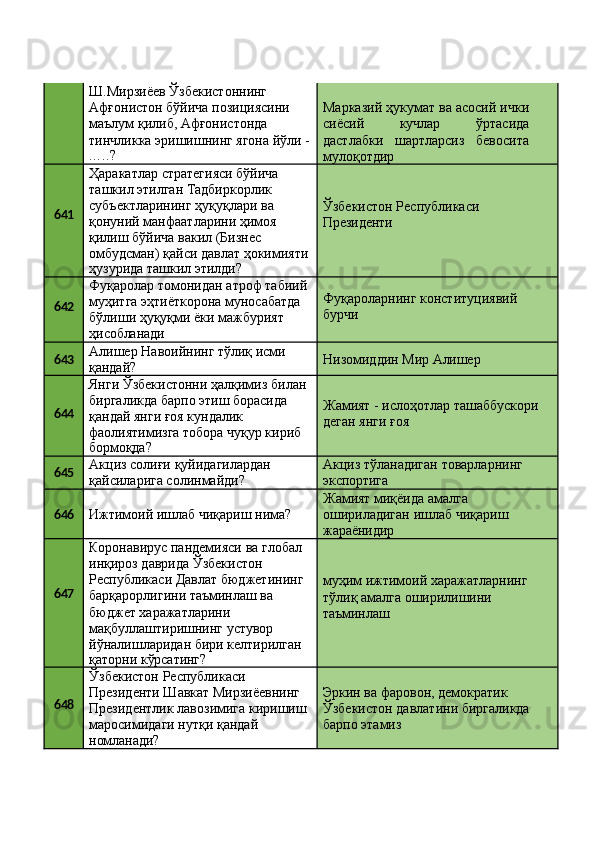 Ш.Мирзиёев Ўзбекистоннинг 
Афғонистон бўйича позициясини 
маълум қилиб, Афғонистонда 
тинчликка   эришишнинг   ягона   йўли   -
. . . . . ? Марказий ҳукумат   ва асосий   ички
сиёсий   кучлар   ўртасида
дастлабки   шартларсиз   бевосита
мулоқотдир
641 Ҳаракатлар стратегияси бўйича 
ташкил этилган Тадбиркорлик 
субъектларининг ҳуқуқлари ва 
қонуний манфаатларини ҳимоя 
қилиш бўйича вакил (Бизнес 
омбудсман)   қайси   давлат   ҳокимияти
ҳузурида   ташкил   этилди? Ўзбекистон   Республикаси 
Президенти
642 Фуқаролар   томонидан   атроф   табиий 
муҳитга эҳтиёткорона муносабатда 
бўлиши ҳуқуқми ёки мажбурият 
ҳисобланади Фуқароларнинг   конституциявий 
бурчи
643 Алишер   Навоийнинг   тўлиқ   исми 
қандай? Низомиддин   Мир   Алишер
644 Янги   Ўзбекистонни   ҳалқимиз   билан 
биргаликда барпо этиш борасида 
қандай янги ғоя кундалик 
фаолиятимизга тобора чуқур кириб
бормоқда? Жамият   -   ислоҳотлар   ташаббускори 
деган янги ғоя
645 Акциз   солиғи   қуйидагилардан 
қайсиларига солинмайди? Акциз   тўланадиган   товарларнинг 
экспортига
646
Ижтимоий   ишлаб   чиқариш   нима? Жамият миқёида амалга 
ошириладиган   ишлаб   чиқариш 
жараёнидир
647 Коронавирус   пандемияси   ва   глобал 
инқироз даврида Ўзбекистон 
Республикаси   Давлат   бюджетининг 
барқарорлигини таъминлаш ва 
бюджет харажатларини 
мақбуллаштиришнинг устувор 
йўналишларидан   бири   келтирилган
қаторни   кўрсатинг? муҳим   ижтимоий   харажатларнинг 
тўлиқ амалга оширилишини 
таъминлаш
648 Ўзбекистон Республикаси 
Президенти Шавкат Мирзиёевнинг 
Президентлик   лавозимига   киришиш
маросимидаги   нутқи   қандай 
номланади? Эркин ва фаровон, демократик 
Ўзбекистон   давлатини   биргаликда 
барпо этамиз 