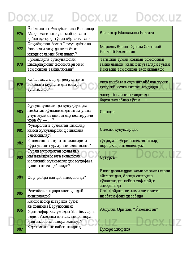 976 Ўзбекистон   Республикаси   Вазирлар
Маҳкамасининг доимий органи 
қайси   қаторда   тўғри   кўрсатилган? Вазирлар   Маҳкамаси   Раёсати
977 Соҳибқирон   Амир   Темур   ҳаёти   ва 
фаолияти ҳақида асар ёзган 
ижодкорларни белгиланг.? Марсель   Брион,   Ҳаким   Сатторий, 
Евгений Березиков
978 Туманларга   бўйсунадиган
шаҳарларнинг   ҳокимлари   ким 
томонидан тайинланади? Тегишли   туман   ҳокими   томонидан
тайинланади,   халқ   депутатлари   туман 
Кенгаши томонидан тасдиқланади
979 Қайси   ҳолатларда   депутатнинг 
ваколати муддатидан илгари 
тугатилади? унга   нисбатан   суднинг   айблов   ҳукми 
қонуний кучга кирган тақдирда
чақириб   олинган   тақдирда
барча   жавоблар  тўғри +
980 Ҳуқуқшуносликда ҳуқуқбузарга 
нисбатан қўлланиладиган ва унинг 
учун   муайян   оқибатлар   келтирувчи
чора   бу   —   …? Санкция
981 Фуқаролиги   бўлмаган   шахслар
қайси   ҳуқуқлардан   фойдалана 
олмайдилар? Сиёсий   ҳуқуқлардан
982 Инвестиция киритиш мақсадига 
кўра   унинг   турларини   белгиланг.? тўғридан-тўғри   инвестициялар, 
портфель, интеллектуал
983 Турли кутилмаган ҳолатлар 
натижасида юзага келадиган 
молиявий   муаммолардан   муҳофаза
қилиш   нима  дейилади? Суғурта
984
Соф   фойда   қандай   аниқланади? Ялпи   даромаддан   жами   харажатларни 
айиргандан, бошқа солиқлар 
тўлангандан кейин соф фойда
аниқланади
985 Рентабеллик   даражаси   қандай 
аниқланади? Соф   фойданинг   жами   харажатга 
нисбати фоиз ҳисобида
986 Қайси   шоир   шеърида   буюк 
аждодимиз Берунийнинг
Абдулла   Орипов,   “Ўзбекистон”
Христофор   Колумбдан   500   йилларча
олдин   Америка   қитъасини   башорат 
қилганлигига ишора мавжуд?
987 Юртимизнинг   қайси   шаҳрида 
Бухоро   шаҳрида 