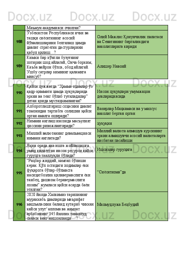 Маъмун   академияси   очилган?
988 Ўзбекистон   Республикаси   ички   ва 
ташқи сиёсатининг асосий 
йўналишларини белгилаш ҳамда
давлат   стратегик   дастурларини 
қабул қилиш…? Олий   Мажлис   Қонунчилик   палатаси 
ва Сенатининг биргаликдаги 
ваколатларига киради
989 Кимки бир кўнгли бузуғнинг 
хотирин   шод   айлагай,   Онча   борким, 
Каъба вайрон бўлса, обод айлагай. 
Ушбу сатрлар кимнинг қаламига
мансуб? Алишер   Навоий
990 Қайси   ҳужжатда   “Ҳамма   одамлар   ўз
қадр-қиммати ҳамда ҳуқуқларида 
эркин ва тенг бўлиб туғиладилар”
деган   қоида   мустаҳкамланган? Инсон   ҳуқуқлари   умумжаҳон 
декларациясида
991 Ахборотлаштириш   соҳасини   давлат
томонидан   тартибга   солишни   қайси
орган амалга оширади? Вазирлар   Маҳкамаси   ва   у   махсус 
ваколат берган орган
992 Нимани   англаш   инсонда   масъулият 
ҳиссини ривожлантиради? ҳуқуқни
993 Миллий   валютанинг   девальвацияси 
нимани англатади? Миллий   валюта   алмашув   курсининг
эркин   алмашувчи   асосий   валюталарга 
нисбатан пасайиши
994 Яқин орада яна ишга жойлашишга 
умид   қилаётган   инсон   ресурси   қайси 
гуруҳга тааллуқли бўлади? Ишсизлар   гуруҳига
995 “Раҳбар жиддий, камгап бўлиши 
керак. Қўл остидаги ходимлар ёки 
фуқарога бўлар-бўлмасга 
насиҳатбозлик   қилавермаслиги   ёки 
танбеҳ, дашном беравермаслиги 
лозим” жумласи қайси асарда баён
этилган? “Сиёсатнома”да
996 2020 йилда Халкимиз тарихининг 
мураккабъ дамларида маърифат 
машъаласини   баланд   кутариб   чиккан 
кайси улуг' аллома ва жамоат 
арбобининг 145 йиллик таваллуд
санаси   кенг   нишонланди….? Махмудхужа   Беҳбудий 