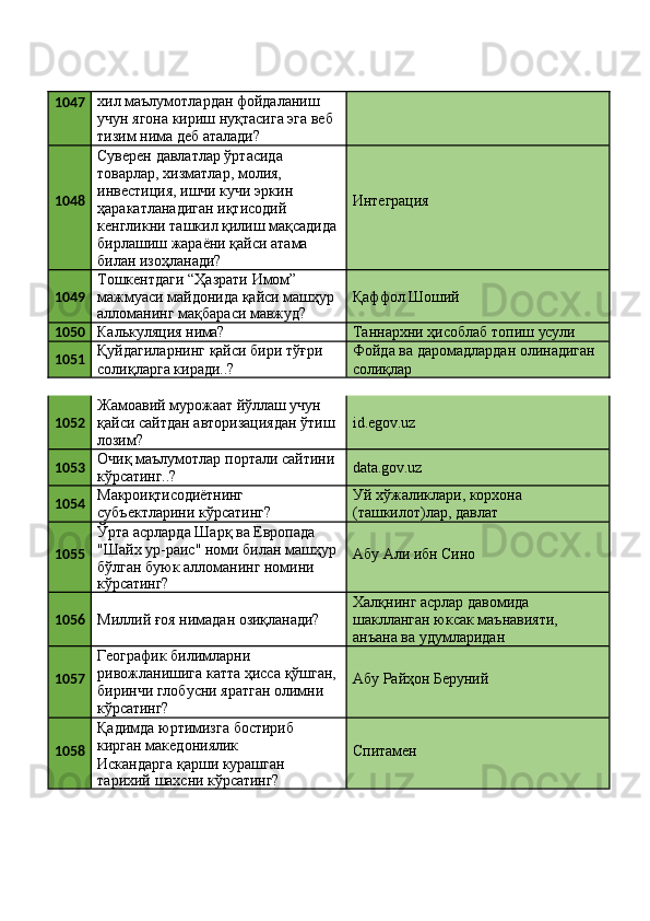 1047 хил маълумотлардан фойдаланиш 
учун ягона кириш нуқтасига эга веб 
тизим нима деб аталади?
1048 Суверен давлатлар ўртасида 
товарлар, хизматлар, молия, 
инвестиция, ишчи кучи эркин 
ҳаракатланадиган иқтисодий 
кенгликни   ташкил   қилиш   мақсадида
бирлашиш   жараёни   қайси   атама 
билан изоҳланади? Интеграция
1049 Тошкентдаги “Ҳазрати Имом” 
мажмуаси   майдонида   қайси   машҳур
алломанинг   мақбараси   мавжуд? Қаффол   Шоший
1050
Калькуляция   нима? Таннархни   ҳисоблаб   топиш   усули
1051 Қуйдагиларнинг   қайси   бири   тўғри 
солиқларга киради..? Фойда   ва   даромадлардан   олинадиган 
солиқлар
1052 Жамоавий мурожаат йўллаш учун 
қайси   сайтдан   авторизациядан   ўтиш 
лозим? id.egov.uz
1053 Очиқ   маълумотлар   портали   сайтини 
кўрсатинг..? data.gov.uz
1054 Макроиқтисодиётнинг 
субъектларини   кўрсатинг? Уй   хўжаликлари,   корхона 
(ташкилот)лар, давлат
1055 Ўрта асрларда Шарқ ва Европада 
"Шайх   ур-раис"   номи   билан   машҳур 
бўлган буюк алломанинг номини
кўрсатинг? Абу   Али   ибн   Сино
1056
Миллий   ғоя   нимадан   озиқланади? Халқнинг асрлар давомида 
шаклланган   юксак   маънавияти, 
анъана ва удумларидан
1057 Географик билимларни 
ривожланишига   катта   ҳисса   қўшган, 
биринчи глобусни яратган олимни 
кўрсатинг? Абу   Райҳон   Беруний
1058 Қадимда   юртимизга   бостириб 
кирган македониялик
Спитамен
Искандарга   қарши   курашган
тарихий   шахсни   кўрсатинг? 