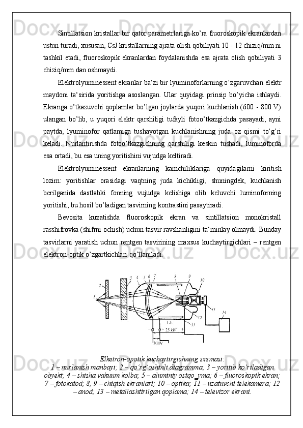 Sintillatsion kristallar bir qator parametrlariga ko’ra fluoroskopik ekranlardan
ustun turadi, xususan, CsJ kristallarning ajrata olish qobiliyati 10 - 12 chiziq/mm ni
tashkil   etadi,   fluoroskopik   ekranlardan   foydalanishda   esa   ajrata   olish   qobiliyati   3
chiziq/mm dan oshmaydi. 
Elektrolyuminessent ekranlar   ba‘zi bir lyuminoforlarning o’zgaruvchan elektr
maydoni   ta‘sirida   yoritishga   asoslangan.   Ular   quyidagi   prinsip   bo’yicha   ishlaydi.
Ekranga o’tkazuvchi qoplamlar bo’lgan joylarda yuqori kuchlanish (600 - 800 V)
ulangan   bo’lib,   u   yuqori   elektr   qarshiligi   tufayli   fotoo’tkazgichda   pasayadi,   ayni
paytda,   lyuminofor   qatlamiga   tushayotgan   kuchlanishning   juda   oz   qismi   to’g’ri
keladi.   Nurlantirishda   fotoo’tkazgichning   qarshiligi   keskin   tushadi,   luminoforda
esa ortadi, bu esa uning yoritishini vujudga keltiradi.
Elektrolyuminessent   ekranlarning   kamchiliklariga   quyidagilarni   kiritish
lozim:   yoritishlar   orasidagi   vaqtning   juda   kichikligi,   shuningdek,   kuchlanish
berilganida   dastlabki   fonning   vujudga   kelishiga   olib   keluvchi   luminoforning
yoritishi, bu hosil bo’ladigan tasvirning kontrastini pasaytiradi. 
Bevosita   kuzatishda   fluoroskopik   ekran   va   sintillatsion   monokristall
rasshifrovka (shifrni ochish) uchun tasvir ravshanligini ta‘minlay olmaydi. Bunday
tasvirlarni   yaratish   uchun   rentgen   tasvirining   maxsus   kuchaytirgichlari   –   rentgen
elektron-optik o’zgartkichlari qo’llaniladi.
Elketron-opotik kuchaytirgichning sxemasi:
1 – nurlanish manbayi; 2 – qo’rg’oshinli diagramma; 3 – yoritib ko’riladigan
obyekt; 4 – shisha vakuum kolba; 5 – aluminiy ostqo‗yma; 6 – fluoroskopik ekran;
7 – fotokatod; 8, 9 – chiqish ekranlari; 10 – optika; 11 – uzatuvchi telekamera; 12
– anod; 13 – metallashtirilgan qoplama; 14 – televizor ekrani.