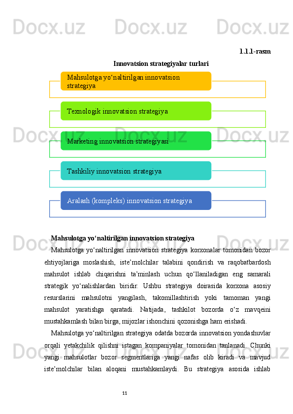 11 1.1.1-rasm
Innovatsion strategiyalar turlari
Mahsulotga yo‘naltirilgan innovatsion strategiya
Mahsulotga   yo‘naltirilgan   innovatsion   strategiya   korxonalar   tomonidan   bozor
ehtiyojlariga   moslashish,   iste’molchilar   talabini   qondirish   va   raqobatbardosh
mahsulot   ishlab   chiqarishni   ta’minlash   uchun   qo‘llaniladigan   eng   samarali
strategik   yo‘nalishlardan   biridir.   Ushbu   strategiya   doirasida   korxona   asosiy
resurslarini   mahsulotni   yangilash,   takomillashtirish   yoki   tamoman   yangi
mahsulot   yaratishga   qaratadi.   Natijada,   tashkilot   bozorda   o‘z   mavqeini
mustahkamlash bilan birga, mijozlar ishonchini qozonishga ham erishadi.
Mahsulotga yo‘naltirilgan strategiya odatda bozorda innovatsion yondashuvlar
orqali   yetakchilik   qilishni   istagan   kompaniyalar   tomonidan   tanlanadi.   Chunki
yangi   mahsulotlar   bozor   segmentlariga   yangi   nafas   olib   kiradi   va   mavjud
iste’molchilar   bilan   aloqani   mustahkamlaydi.   Bu   strategiya   asosida   ishlabMahsulotga yo‘naltirilgan innovatsion 
strategiya
Texnologik innovatsion strategiya
Marketing innovatsion strategiyasi 
Tashkiliy innovatsion strategiya 
Aralash (kompleks) innovatsion strategiya  