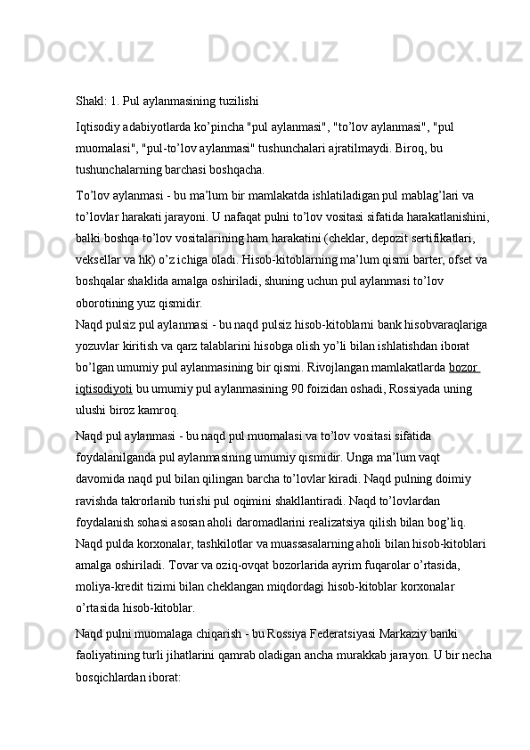 Shakl: 1. Pul aylanmasining tuzilishi
Iqtisodiy adabiyotlarda ko’pincha "pul aylanmasi", "to’lov aylanmasi", "pul 
muomalasi", "pul-to’lov aylanmasi" tushunchalari ajratilmaydi. Biroq, bu 
tushunchalarning barchasi boshqacha.
To’lov aylanmasi - bu ma’lum bir mamlakatda ishlatiladigan pul mablag’lari va 
to’lovlar harakati jarayoni. U nafaqat pulni to’lov vositasi sifatida harakatlanishini,
balki boshqa to’lov vositalarining ham harakatini (cheklar, depozit sertifikatlari, 
veksellar va hk) o’z ichiga oladi. Hisob-kitoblarning ma’lum qismi barter, ofset va 
boshqalar shaklida amalga oshiriladi, shuning uchun pul aylanmasi to’lov 
oborotining yuz qismidir.
Naqd pulsiz pul aylanmasi - bu naqd pulsiz hisob-kitoblarni bank hisobvaraqlariga 
yozuvlar kiritish va qarz talablarini hisobga olish yo’li bilan ishlatishdan iborat 
bo’lgan umumiy pul aylanmasining bir qismi. Rivojlangan mamlakatlarda   bozor 
iqtisodiyoti   bu umumiy pul aylanmasining 90 foizidan oshadi, Rossiyada uning 
ulushi biroz kamroq.
Naqd pul aylanmasi - bu naqd pul muomalasi va to’lov vositasi sifatida 
foydalanilganda pul aylanmasining umumiy qismidir. Unga ma’lum vaqt 
davomida naqd pul bilan qilingan barcha to’lovlar kiradi. Naqd pulning doimiy 
ravishda takrorlanib turishi pul oqimini shakllantiradi. Naqd to’lovlardan 
foydalanish sohasi asosan aholi daromadlarini realizatsiya qilish bilan bog’liq. 
Naqd pulda korxonalar, tashkilotlar va muassasalarning aholi bilan hisob-kitoblari 
amalga oshiriladi. Tovar va oziq-ovqat bozorlarida ayrim fuqarolar o’rtasida, 
moliya-kredit tizimi bilan cheklangan miqdordagi hisob-kitoblar korxonalar 
o’rtasida hisob-kitoblar.
Naqd pulni muomalaga chiqarish - bu Rossiya Federatsiyasi Markaziy banki 
faoliyatining turli jihatlarini qamrab oladigan ancha murakkab jarayon. U bir necha
bosqichlardan iborat: