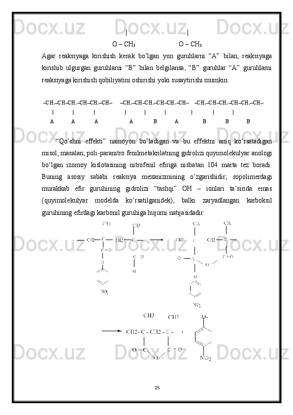 |                                   |
O – CH
3                          O – CH
3
Agar   reaksiyaga   kirishish   kerak   bo’lgan   yon   guruhlarni   “A”   bilan,   reaksiyaga
kirishib   ulgurgan   guruhlarni   “B”   bilan   belgilansa,   “B”   guruhlar   “A”   guruhlarni
reaksiyaga kirishish qobiliyatini oshirishi yoki susaytirishi mumkin.
  –CH
2 –CH–CH
2 –CH–CH
2 –CH–      –CH
2 –CH–CH
2 –CH–CH
2 –CH–    –CH
2 –CH–CH
2 –CH–CH
2 –CH–    
         |              |               |                      |              |              |                   |               |              |                 
      A             A              A                       A               B             A                  B              B             B
“Qo’shni   effekti”   namoyon   bo’ladigan   va   bu   effektni   aniq   ko’rsatadigan
misol, masalan; poli-paranitro fenilmetakrilatning gidrolizi quyimolekulyar anologi
bo’lgan   izomoy   kislotasining   nitrofenil   efiriga   nisbatan   104   marta   tez   boradi.
Buning   asosiy   sababi   reaksiya   mexanizmining   o’zgarishidir;   sopolimerdagi
murakkab   efir   guruhining   gidrolizi   “tashqi”   OH   –   ionlari   ta’sirida   emas
(quyimolekulyar   modelda   ko’rsatilganidek),   balki   zaryadlangan   karboksil
guruhining efirdagi karbonil guruhiga hujumi natijasidadir.
25