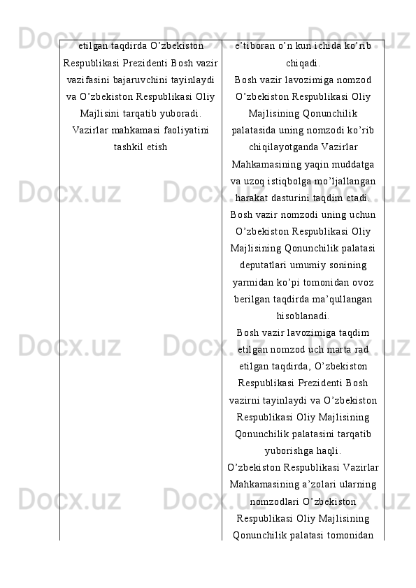 et i l ga n  t a qd i r d a  O’ zb ek i s t o n
Re sp ub l i ka si   Pr e zi de nt i   Bo sh  v az i r
va zi f a si ni   ba j ar uv ch i n i   t a yi nl ay di
va  O ’ z be ki st on   Re sp ub l i ka si   Ol i y
Ma j l i s i n i   t ar qa t i b  yu bor ad i .
Va zi r l ar   m a hk am as i   f ao l i ya t i ni
t a sh ki l  e t i sh e’ t i b or a n  o’ n  ku n  i c hi da  k o’ r i b
ch i q ad i .
Bo sh  v az i r  l av oz i m i g a  no m z od
O’ z be ki st on  R es pu bl i k as i  O l i y
Ma j l i s i n i n g   Qo nu nc hi l i k
pa l a t a si da  u ni ng  n om zo di  k o’ r i b
ch i q i l ay ot ga nd a  V az i r l ar
Ma hk am as i n i n g  y aq i n  m ud da t g a
va  u zo q  i st i q bo l g a  m o’ l j al l a ng an
ha r a ka t   da st ur i n i   t a qd i m  e t a di .
Bo sh  v az i r  n om z od i  u ni n g  uc hu n
O’ z be ki st on  R es pu bl i k as i  O l i y
Ma j l i s i n i n g   Qo nu nc hi l i k  pa l a t a si
de pu t a t l ar i   um u m i y  so ni ni ng
ya r m i da n  k o’ p i   t om on i d an  o vo z
be r i l ga n  t aq di r da  m a’ q ul l a ng an
hi so bl an ad i .
Bo sh  v az i r  l av oz i m i g a  t a qd i m
et i l ga n  no m z od  u ch   m ar t a  r ad
et i l ga n  t a qd i r d a,   O’ z be ki st on
Re sp ub l i ka si   Pr e zi de nt i   Bo sh
va zi r n i   t a yi nl a yd i  v a  O’ z be ki st on
Re sp ub l i ka si   Ol i y  M aj l i si ni ng
Qo nu nc hi l i k  pa l a t a si ni   t a r q at i b
yu bor i s hg a  h aq l i .
O’ z be ki st on  R es pu bl i k as i  V az i r l ar
Ma hk am as i n i n g  a’ zo l a r i  ul ar ni ng
no m z od l a r i   O’ zb ek i s t o n
Re sp ub l i ka si   Ol i y  M aj l i si ni ng
Qo nu nc hi l i k  pa l a t a si  t o m o ni da n 