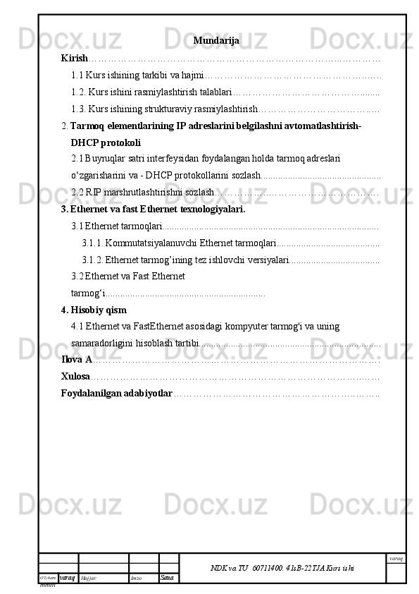 O’lcha m
mm m varaq Hujjat: Imzo
Sana  varaq
NDK va TU  60711400 .   41sB- 2 2 TJA  Kurs ishiMundarija
Kirish …………………………………………………………………...…………
1.1 Kurs ishining tarkibi va hajmi…………………………………………..…..
1.2. Kurs ishini rasmiylashtirish talablari…………………………………........
1.3. Kurs ishining strukturaviy rasmiylashtirish……………………………..…
2.   Tarmoq elementlarining IP adreslarini belgilashni avtomatlashtirish- 
DHCP protokoli
2.1   Buyruqlar satri interfeysidan foydalangan holda tarmoq adreslari 
o‘zgarisharini va - DHCP protokollarini sozlash. ................................................
2.2 RIP marshrutlashtirishni sozlash……………..…………………………….
3.   Ethernet va fast Ethernet texnologiyalari.
3.1   Ethernet tarmoqlari........................................................................................
3.1.1.   Kommutatsiyalanuvchi Ethernet tarmoqlari..........................................
3.1.2.   Ethernet tarmog’ining tez ishlovchi versiyalari.....................................
3.2   Ethernet va Fast Ethernet 
tarmog‘i.................................................................
4. Hisobiy qism
4.1 Ethernet va FastEthernet asosidagi kompyuter tarmog'i va uning 
samaradorligini hisoblash tartibi..........................................................................
Ilova A …………………………………………………………………………….
Xulosa ………………………………………………………………………..……
Foydalanilgan adabiyotlar ………………………………………………..…….. 