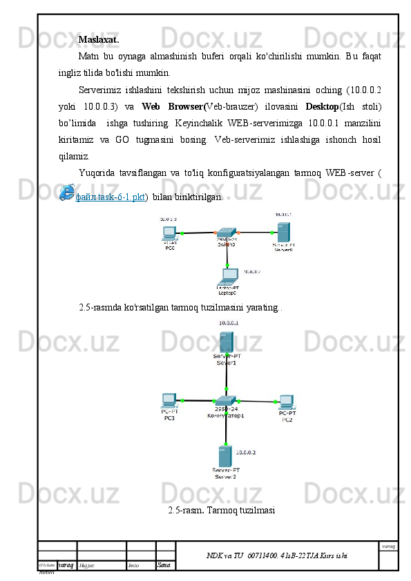 O’lcha m
mm m varaq Hujjat: Imzo
Sana  varaq
NDK va TU  60711400 .   41sB- 2 2 TJA  Kurs ishiMaslaxat.
Matn   bu   oynaga   almashinish   buferi   orqali   ko'chirilishi   mumkin.   Bu   faqat
ingliz tilida bo'lishi mumkin.
Serverimiz   ishlashini   tekshirish   uchun   mijoz   mashinasini   oching   (10.0.0.2
yoki   10.0.0.3)   va   Web   Browser( Veb-brauzer)   ilovasini   Desktop (Ish   stoli)
bo’limida     ishga   tushiring.   Keyinchalik   WEB-serverimizga   10.0.0.1   manzilini
kiritamiz   va   GO   tugmasini   bosing.   Veb-serverimiz   ishlashiga   ishonch   hosil
qilamiz.
Yuqorida   tavsiflangan   va   to'liq   konfiguratsiyalangan   tarmoq   WEB-server   (
файл     task-6-1.pkt    )  bilan biriktirilgan.
2.5-rasmda ko'rsatilgan tarmoq tuzilmasini yarating..
 2.5-rasm .   Tarmoq tuzilmasi 