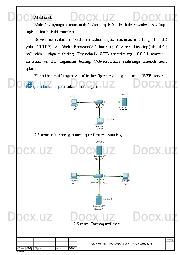 O’lcha m
mm m varaq Hujjat: Imzo
Sana  varaq
NDK va TU  60711400 .   41sB- 2 2 TJA  Kurs ishiMaslaxat.
Matn   bu   oynaga   almashinish   buferi   orqali   ko'chirilishi   mumkin.   Bu   faqat
ingliz tilida bo'lishi mumkin.
Serverimiz   ishlashini   tekshirish   uchun   mijoz   mashinasini   oching   (10.0.0.2
yoki   10.0.0.3)   va   Web   Browser( Veb-brauzer)   ilovasini   Desktop (Ish   stoli)
bo’limida     ishga   tushiring.   Keyinchalik   WEB-serverimizga   10.0.0.1   manzilini
kiritamiz   va   GO   tugmasini   bosing.   Veb-serverimiz   ishlashiga   ishonch   hosil
qilamiz.
Yuqorida   tavsiflangan   va   to'liq   konfiguratsiyalangan   tarmoq   WEB-server   (
файл     task-6-1.pkt    )  bilan biriktirilgan.
2.5-rasmda ko'rsatilgan tarmoq tuzilmasini yarating..
 2.5-rasm .   Tarmoq tuzilmasi