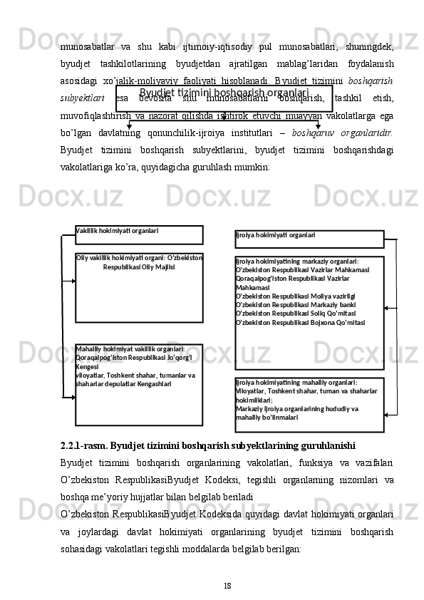 munosabatlar   va   shu   kabi   ijtimoiy-iqtisodiy   pul   munosabatlari,   shuningdek,
byudjet   tashkilotlarining   byudjetdan   ajratilgan   mablag’laridan   foydalanish
asosidagi   xo’jalik-moliyaviy   faoliyati   hisoblanadi.   Byudjet   tizimini   boshqarish
subyektlari   esa   bevosita   shu   munosabatlarni   boshqarish,   tashkil   etish,
muvofiqlashtirish   va   nazorat   qilishda   ishtirok   etuvchi   muayyan   vakolatlarga   ega
bo’lgan   davlatning   qonunchilik-ijroiya   institutlari   –   boshqaruv   organlaridir.
Byudjet   tizimini   boshqarish   subyektlarini,   byudjet   tizimini   boshqarishdagi
vakolatlariga   ko’ra,   quyidagicha   guruhlash   mumkin:
2.2.1-rasm.   Byudjet   tizimini   boshqarish   subyektlarining   guruhlanishi
Byudjet   tizimini   boshqarish   organlarining   vakolatlari,   funksiya   va   vazifalari
O’zbekiston   RespublikasiByudjet   Kodeksi,   tegishli   organlarning   nizomlari   va
boshqa   me’yoriy   hujjatlar bilan   belgilab   beriladi
O’zbekiston   RespublikasiByudjet   Kodeksida   quyidagi   davlat   hokimiyati   organlari
va   joylardagi   davlat   hokimiyati   organlarining   byudjet   tizimini   boshqarish
sohasidagi   vakolatlari   tegishli moddalarda   belgilab   berilgan:
18Byudjet   tizimini   boshqarish organlari
Vakillik   hokimiyati   organlari
Mahalliy   hokimiyat   vakillik   organlari:
Qoraqalpog’iston Respublikasi Jo’qorg’i  
Kengesi
viloyatlar,   Toshkent   shahar,   tumanlar va 
shaharlar depulatlar Kengashlari Oliy vakillik hokimiyati organi:   O’zbekiston 
Respublikasi Oliy Majlisi Ijroiya   hokimiyati   organlari
Ijroiya   hokimiyatining   mahalliy   organlari:
Viloyatlar,   Toshkent   shahar,   tuman   va shaharlar 
hokimliklari;
Markaziy ijroiya organlarining hududiy   va  
mahalliy   bo’linmalariIjroiya   hokimiyatining   markaziy   organlari:
O’zbekiston   Respublikasi   Vazirlar   Mahkamasi
Qoraqalpog’iston   Respublikasi   Vazirlar 
Mahkamasi
O’zbekiston Respublikasi Moliya   vazirligi
O’zbekiston Respublikasi Markaziy   banki
O’zbekiston   Respublikasi   Soliq   Qo’mitasi
O’zbekiston   Respublikasi   Bojxona   Qo’mitasi