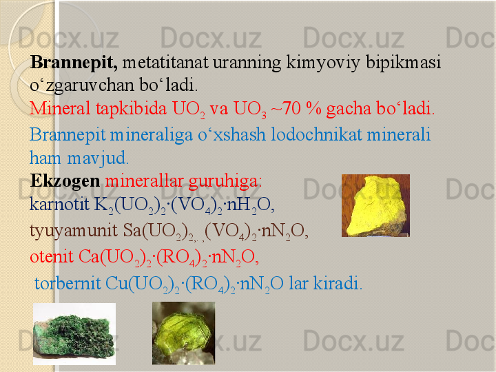 Brannepit,  metatitanat u r anning kimyoviy bipikmasi 
о‘zga r uvchan bо‘ladi. 
Mineral tapkibida UO
2  va UO
3  ~70 % gacha bо‘ladi. 
Brannepit mineraliga о‘xshash lodochnikat minerali 
ham mavjud.
Ekzogen  minerallar guruhiga: 
karnotit K
2 (UO
2 )
2 ·(VO
4 )
2 ·nH
2 O, 
tyuyamunit Sa(UO
2 )
2,. , (VO
4 )
2 ·nN
2 O, 
otenit Ca(UO
2 )
2 ·(RO
4 )
2 ·nN
2 O,
  torbernit Cu(UO
2 )
2 ·(RO
4 )
2 ·nN
2 O lar kiradi.       