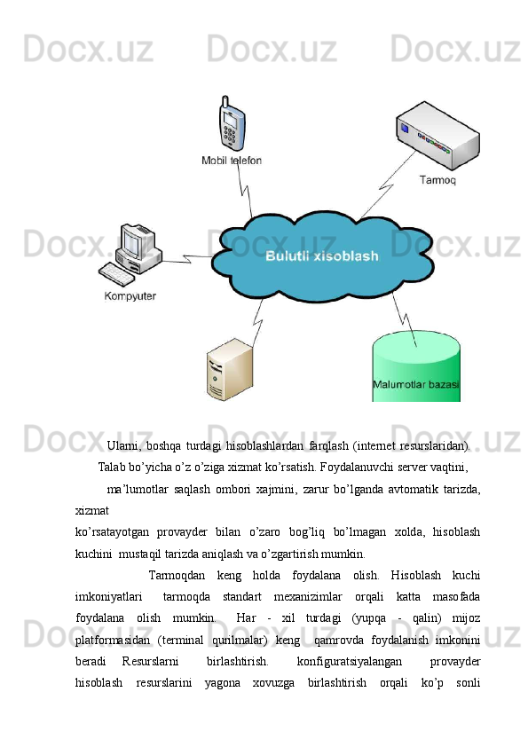 Ul a rni,   bo shq a   tu r d a g i   his ob l a shl a rd a n   f a rql a sh   ( i nt e rn e t   r e s ursl a rid a n).    
          T a l a b   bo ’ y i c h a   o ’ z   o ’ z ig a   x iz m a t k o ’rs a tish. F o y d a l a nu v c hi s e r v e r  v a qtini,  
ma ’lu m o tl a r   s a ql a sh   o m b o ri   x a j m ini,   za rur   bo ’l g a nd a   a v to ma ti k   t a ri z d a ,
x i z m a t    
ko ’rs a ta yo tgan   p ro v a y d e r   b il a n   o ’ za r o   b o g ’liq   bo ’l m a g a n   x o ld a ,   his ob l a sh
k u c h i ni   m ust a qil t a ri z d a   a n i ql a s h   v a   o ’ z g a rtirish  m u m k in.  
              T a r m o qd a n   k e n g   h o ld a   f o y d a l a n a   o lish.   H is ob l a sh   k u c hi
i m ko ni y a tl a ri     t a r m o qd a   st a nd a rt   m e x a ni z i m l a r   o rq a li   k a tt a   ma so f a d a
f o y d a lan a   o lish   m u m k in.     H a r   -   x il   turd a g i   ( y u p q a   -   q a lin)   m ij o z
p l a tf o r m a sid a n   (t e r m in a l   quril m a l a r)   k e ng     q a m ro v d a   fo y d a l a nish   i m ko nini
b e r a di   R e sursl a rni   b irl a shti r ish.   k o n f i g ur a tsi y a l a n g a n   p ro v a y d e r
his ob l a sh     r e sursl a rini   y a go n a   xo v u z g a   b irl a shtirish   o rq a li   ko ’ p   s o nli 