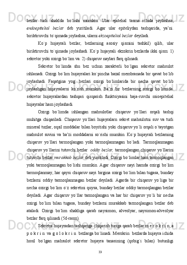 bezlar   turli   shaklda   bo`lishi   mumkin.   Ular   epitelial   tasma   ichida   joylashsa,
endoepitelial   bezlar   deb   yuritiladi.   Agar   ular   epiteliydan   tashqarida,   ya’ni.
biriktiruvchi to`qimada joylashsa, ularni  ekzoepitelial bezlar  deyiladi.
Ko`p   hujayrali   bezlar,   bezlarning   asosiy   qismini   tashkil)   qilib,   ular
biriktiruvchi to`qimada joylashadi. Ko`p hujayrali ekzokrin bezlarda ikki qism: 1)
sekretor yoki oxirgi bo`lim va. 2) chiqaruv naylari farq qilinadi.
Sekretor   bo`limda   shu   bez   uchun   xarakterli   bo`lgan   sekretor   mahsulot
ishlanadi. Oxirgi bo`lim hujayralari ko`pincha bazal membranada bir qavat bo`lib
joylashadi.   Faqatgina   yog`   bezlari   oxirgi   bo`limlarida   bir   necha   qavat   bo`lib
joylashgan   hujayralarni   ko`rish   mumkin.   Ba’zi   bir   bezlarning   oxirgi   bo`limida.
sekretor   hujayralardan   tashqari   qisqarish   funktsiyasini   baja-ruvchi   mioepitelial
hujayralar ham joylashadi.
Oxirgi   bo`limda   ishlangan   mahsulotlar   chiqaruv   yo`llari   orqali   tashqi
muhitga   chiqariladi.   Chiqaruv   yo`llari   hujayralarn   sekret   mahsulotni   suv   va   turli
mineral tuzlar, oqsil moddalar bilan boyitishi yoki chiqaruv yo`li orqali o`tayotgan
mahsulot   suvini   va   ba’zi   moddalarni   so`rishi   mumkin.   Ko`p   hujayrali   bezlarning
chiqaruv   yo`llari   tarmoqlangan   yoki   tarmoqlanmagan   bo`ladi.   Tarmoqlanmagan
chiqaruv yo`llarini tutuvchi bezlar    oddiy bezlar,   tarmoqlangan chiqaruv yo`llarini
tutuvchi bezlar  murakkab bezlar  deb yuritiladi. Oxirgi bo`limlar ham tarmoqlangan
yoki   tarmoqlanmagan   bo`lishi   mumkin.   Agar   chiqaruv   nayi   hamda   oxirgi   bo`lim
tarmoqlanmay, har qaysi chiqaruv nayi birgina oxirgi bo`lim bilan tugasa, bunday
bezlarni   oddiy   tarmoqlanmagan   bezlar   deyiladi.   Agarda   bir   chiqaruv   yo`liga   bir
necha oxirgi bo`lim o`z sekretini quysa, bunday bezlar oddiy tarmoqlangan bezlar
deyiladi.   Agar   chiqaruv   yo`llar   tarmoqlangan   va   har   bir   chiqaruv   yo`li   bir   necha
oxirgi   bo`lim   bilan   tugasa,   bunday   bezlarni   murakkab   tarmoqlangan   bezlar   deb
ataladi.   Oxirgi   bo`lim   shakliga   qarab   naysimon,   alveolyar,   naysimon-alveolyar
bezlar farq qilinadi (56-rasm).
Sekretni hujayradan tashqariga chiqarish turiga qarab bezlar m e r o k r i n, a
p o k r i n  va g o l o k r i n  bezlarga bo`linadi. Merokrin  bezlarda hujayra ichida
hosil   bo`lgan   mahsulot   sekretor   hujayra   tanasining   (qobig`i   bilan)   butunligi
23