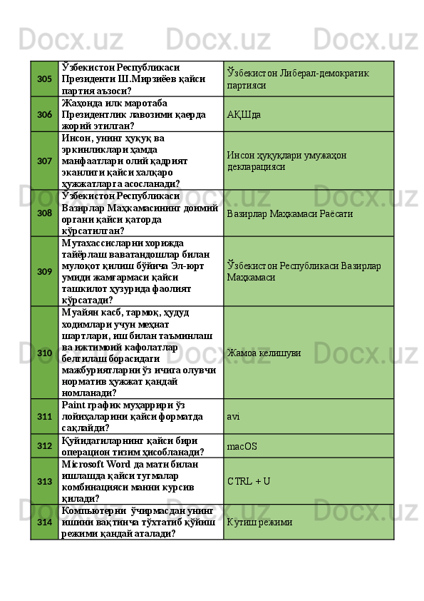 305 Ўзбекистон Республикаси 
Президенти Ш.Мирзиёев қайси 
партия аъзоси?  Ўзбекистон Либерал-демократик 
партияси 
306 Жаҳонда илк маротаба 
Президентлик лавозими қаерда 
жорий этилган?  АҚШда 
307 Инсон, унинг ҳуқуқ ва 
эркинликлари ҳамда 
манфаатлари олий қадрият 
эканлиги қайси халқаро 
ҳужжатларга асосланади?  Инсон ҳуқуқлари умужаҳон 
декларацияси 
308 Ўзбекистон Республикаси 
Вазирлар Маҳкамасининг доимий
органи қайси қаторда 
кўрсатилган?  Вазирлар Маҳкамаси Раёсати 
309 Мутахассисларни хорижда 
тайёрлаш ваватандошлар билан 
мулоқот қилиш бўйича Эл-юрт 
умиди жамғармаси қайси 
ташкилот ҳузурида фаолият 
кўрсатади?  Ўзбекистон Республикаси Вазирлар 
Маҳкамаси 
310 Муайян касб, тармоқ, ҳудуд 
ходимлари учун меҳнат 
шартлари, иш билан таъминлаш 
ва ижтимоий кафолатлар 
белгилаш борасидаги 
мажбуриятларни ўз ичига олувчи 
норматив ҳужжат қандай 
номланади?  Жамоа келишуви 
311 Paint график муҳаррири ўз 
лойиҳаларини қайси форматда 
сақлайди?  avi 
312 Қуйидагиларнинг қайси бири 
операцион тизим ҳисобланади?  macOS 
313 Microsoft Word да матн билан 
ишлашда қайси тугмалар 
комбинацияси манни курсив 
қилади?  CTRL + U 
314 Компьютерни  ўчирмасдан унинг 
ишини вақтинча тўхтатиб қўйиш 
режими қандай аталади?  Кутиш режими  