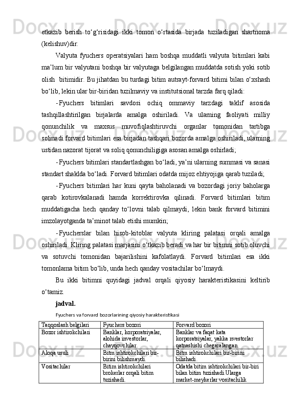 etkazib   berish   to‘g‘risidagi   ikki   tomon   o‘rtasida   birjada   tuziladigan   shartnoma
(kelishuv)dir. 
Valyuta   fyuchers   operatsiyalari   ham   boshqa   muddatli   valyuta   bitimlari   kabi
ma’lum bir valyutani boshqa bir valyutaga belgilangan muddatda sotish yoki sotib
olish   bitimidir. Bu jihatdan bu turdagi bitim autrayt-forvard bitimi bilan o‘xshash
bo‘lib, lekin ular bir-biridan tuzilmaviy va institutsional tarzda farq qiladi:
- Fyuchers   bitimlari   savdosi   ochiq   ommaviy   tarzdagi   taklif   asosida
tashqillashtirilgan   birjalarda   amalga   oshiriladi.   Va   ularning   faoliyati   milliy
qonunchilik   va   maxsus   muvofiqlashtiruvchi   organlar   tomonidan   tartibga
solinadi.forvard bitimlari esa birjadan tashqari bozorda amalga oshiriladi, ularning
ustidan nazorat tijorat va soliq qonunchiligiga asosan amalga oshirladi;
- Fyuchers bitimlari standartlashgan bo‘ladi, ya’ni ularning summasi va sanasi
standart shaklda bo‘ladi. Forvard bitimlari odatda mijoz ehtiyojiga qarab tuziladi;
- Fyuchers   bitimlari   har   kuni   qayta   baholanadi   va   bozordagi   joriy   baholarga
qarab   kotirovkalanadi   hamda   korrektirovka   qilinadi.   Forvard   bitimlari   bitim
muddatigacha   hech   qanday   to‘lovni   talab   qilmaydi,   lekin   bank   forvard   bitimini
imzolayotganda ta’minot talab etishi mumkin;
- Fyucherslar   bilan   hisob-kitoblar   valyuta   kliring   palatasi   orqali   amalga
oshiriladi. Kliring palatasi marjasini o‘tkazib beradi va har bir bitimni sotib oluvchi
va   sotuvchi   tomonidan   bajarilishini   kafolatlaydi.   Forvard   bitimlari   esa   ikki
tomonlama bitim bo‘lib, unda hech qanday vositachilar bo‘lmaydi. 
Bu   ikki   bitimni   quyidagi   jadval   orqali   qiyosiy   harakteristikasini   keltirib
o‘tamiz.
jadval. 
Fyuchers va forvard bozorlarining qiyosiy harakteristikasi
Taqqoslash belgilari Fyuchers bozori Forvard bozori
Bozor ishtirokchila ri Banklar, korporatsiyalar, 
alohida investorlar, 
chayqovchilar.   Banklar va faqat kata 
korporatsiyalar, yakka nvestorlar 
qatnashishi chegaralangan. 
Aloqa usuli Bitm ishtirokchilari bir-
birini bilishmaydi. Bitm ishtirokchilari bir-birini 
bilishadi.
Vositachilar  Bitim ishtirokchilari 
brokerlar orqali bitim 
tuzishadi.  Odatda bitim ishtirokchilari bir-biri 
bilan bitim tuzishadi.Ularga 
market-meykerlar vositachilik  