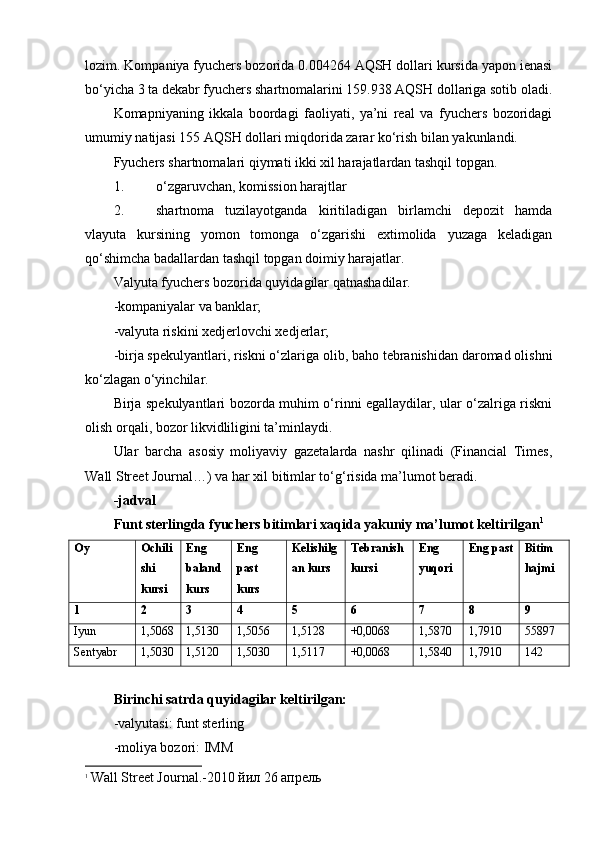 lozim. Kompaniya fyuchers bozorida 0.004264 AQSH dollari kursida yapon ienasi
bo‘yicha 3 ta dekabr fyuchers shartnomalarini 159.938 AQSH dollariga sotib oladi.
Komapniyaning   ikkala   boordagi   faoliyati,   ya’ni   real   va   fyuchers   bozoridagi
umumiy natijasi 155 AQSH dollari miqdorida zarar ko‘rish bilan yakunlandi.
Fyuchers shartnomalari qiymati ikki xil harajatlardan tashqil topgan.
1. o‘zgaruvchan, komission harajtlar
2. shartnoma   tuzilayotganda   kiritiladigan   birlamchi   depozit   hamda
vlayuta   kursining   yomon   tomonga   o‘zgarishi   extimolida   yuzaga   keladigan
qo‘shimcha badallardan tashqil topgan doimiy harajatlar.
Valyuta fyuchers bozorida quyidagilar qatnashadilar.
-kompaniyalar va banklar;
-valyuta riskini xedjerlovchi xedjerlar;
-birja spekulyantlari, riskni o‘zlariga olib, baho tebranishidan daromad olishni
ko‘zlagan o‘yinchilar.
Birja spekulyantlari bozorda muhim o‘rinni egallaydilar, ular o‘zalriga riskni
olish orqali, bozor likvidliligini ta’minlaydi.
Ular   barcha   asosiy   moliyaviy   gazetalarda   nashr   qilinadi   (Financial   Times,
Wall Street Journal…) va har xil bitimlar to‘g‘risida ma’lumot beradi.
-jadval
Funt sterlingda fyuchers bitimlari xaqida yakuniy ma’lumot keltirilgan 1
Oy Ochili
shi 
kursi Eng 
baland 
kurs Eng 
past 
kurs Kelishilg
an kurs Tebranish 
kursi Eng 
yuqori Eng past Bitim 
hajmi
1 2 3 4 5 6 7 8 9
Iyun 1,5068 1,5130 1,5056 1,5128 +0,0068 1,5870 1,7910 55897
Sentyabr 1,5030 1,5120 1,5030 1,5117 +0,0068 1,5840 1,7910 142
Birinchi satrda quyidagilar keltirilgan:
-valyutasi: funt sterling
-moliya bozori:  I MM
1
  Wall Street Journal.-2010 йил 26 апрель 