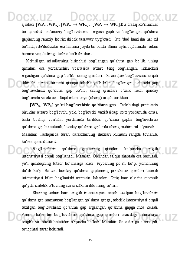 ajraladi: [WP
m   ,WP
m ], [ WP
m    → WP
m ],   [ WP
m   ↔ WP
m ].Bu oraliq ko‘rinishlar
bir   qarashda   an’anaviy   bog‘lovchisiz,     ergash   gapli   va   bog‘langan   qo‘shma
gaplarning   ramziy   ko‘rinishidek   tasavvur   uyg‘otadi.   Iste   'dod   hamisha   har   xil
bo‘ladi, iste'dodsizlar  esa hamma joуda bir xildir.Shuni aуtmoqchimizki, odam
hamma vaqt bilimga tashna bo‘lishi shart.
    Keltirilgan   misollarning   birinchisi   bog‘langan   qo‘shma   gap   bo‘lib,   uning
qismlari   esa   уordamchisi   vositasida   o‘zaro   teng   bog‘langan;   ikkinchisi
ergashgan   qo‘shma   gap   bo‘lib,   uning   qismlari:   -ki   aniqlov   bog lovchisi   orqaliʻ
ikkinchi   qismni   birinchi   qismga   tobelik   уo‘li   bilan   bog‘langan;   uchinchi   gap
bog‘lovchisiz   qo shma   gap   bo‘lib,   uning   qismlari   o‘zaro   hech   qandaу	
ʻ
bog‘lovchi vositasiz - faqat intonatsiуa (ohang) orqali birikkan.
        [WP
m ,   WP
m ]   ya’ni   bog‘lovchisiz   qo‘shma   gap .   Tarkibidagi   predikativ
birliklar   o zaro   bog lovchi   уoki   bog lovchi   vazifasidagi   so z   уordamida   emas,	
ʻ ʻ ʻ ʻ
balki   boshqa   vositalar   уordamida   birikkan   qo‘shma   gaplar   bog'lovchisiz
qo shma gap hisoblanib, bundaу qo shma gaplarda ohang muhim rol o уnaуdi. 	
ʻ ʻ ʻ
Masalan:   Tashqarida   turar,   daraxtlarning   shoxlari   kumush   rangda   tovlanib,
ko‘zni qamashtirardi.
Bog‘lovchisiz   qo‘shma   gaplarning   qismlari   ko‘pincha   tenglik
intonatsi у asi orqali bog‘lanadi. Masalan: Oldindan salqin shabada esa boshladi,
у o‘l   qishloqning   tutzor   ko‘chasiga   kirdi.   Pi у ozning   po‘sti   ko‘p,   у omonning
do‘sti   ko‘p.   Ba’zan   bunda у   qo‘shma   gaplarning   predikativ   qismlari   tobelik
intonatsi у asi   bilan   bog‘lanishi   mumkin.   Masalan:   Ortiq   ham   o‘zicha   quvonib
qo‘ у di: sintetik o‘tovning narxi salkam ikki ming so‘m...
Shuning   uchun   ham   tenglik   intonatsi у asi   orqali   tuzilgan   bog‘lovchisiz
qo‘shma gap mazmunan bog‘langan qo shma gapga, tobelik intonatsi	
ʻ у asi orqali
tuzilgan   bog‘lovchisiz   qo shma   gap   ergashgan   qo shma   gapga   mos   keladi.	
ʻ ʻ
Ammo   ba’zi   bir   bog‘lovchisiz   qo‘shma   gap   qismlari   orasidagi   intonatsi у a
tenglik va tobelik holatidan o zgacha bo ladi. Masalan:  So‘z doriga o‘xsha	
ʻ ʻ у di,
ortiqchasi zarar keltiradi. 
15 