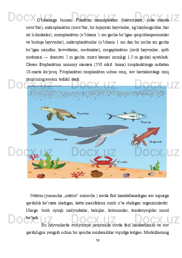O lchamiga   binoan:   Plankton   nannoplakton   (bakteriyalar,   juda   maydaʻ
suvo tlar), mikroplankton (suvo tlar, bir hujayrali hayvonlar, og izaylangichlar, har	
ʻ ʻ ʻ
xil lichinkalar), mezoplankton (o lchami 1 sm gacha bo lgan qisqichbaqasimonlar	
ʻ ʻ
va  boshqa   hayvonlar),   makroplanktonlar   (o lchami   1   sm   dan  bir   necha   sm   gacha	
ʻ
bo lgan   mizidlar,   krevetkalar,   meduzalar),   megaplankton   (yirik   hayvonlar,   qutb	
ʻ
meduzasi   —   diametri   2   m   gacha;   zuxro   kamari   uzunligi   1,5   m   gacha)   ajratiladi.
Okean   fitoplanktoni   umumiy   massasi   (550   mlrd.   tonna)   zooplanktonga   nisbatan
10-marta   ko proq.   Fitoplankton   zooplankton   uchun   oziq,   suv   havzalaridagi   oziq	
ʻ
zanjirining asosini tashkil etadi. 
     
    Nekton (yunoncha ,,nektos”-suzuvchi ) suvda faol harakatlanadigan suv oqimiga
qarshilik   ko‘rsata   oladigan,   katta   masofalarni   suzib   o‘ta   oladigan   organizmlardir.
Ularga:   bosh   oyoqli   molyuskalar,   baliqlar,   kitsimonlar,   kurakoyoqlilar   misol
bo‘ladi. 
                  Bu   hayvonlarda   evolyutsiya   jarayonida   suvda   faol   harakatlanish   va   suv
qarshiligini yengish uchun bir qancha moslanishlar vujudga kelgan. Muskullarning
18 