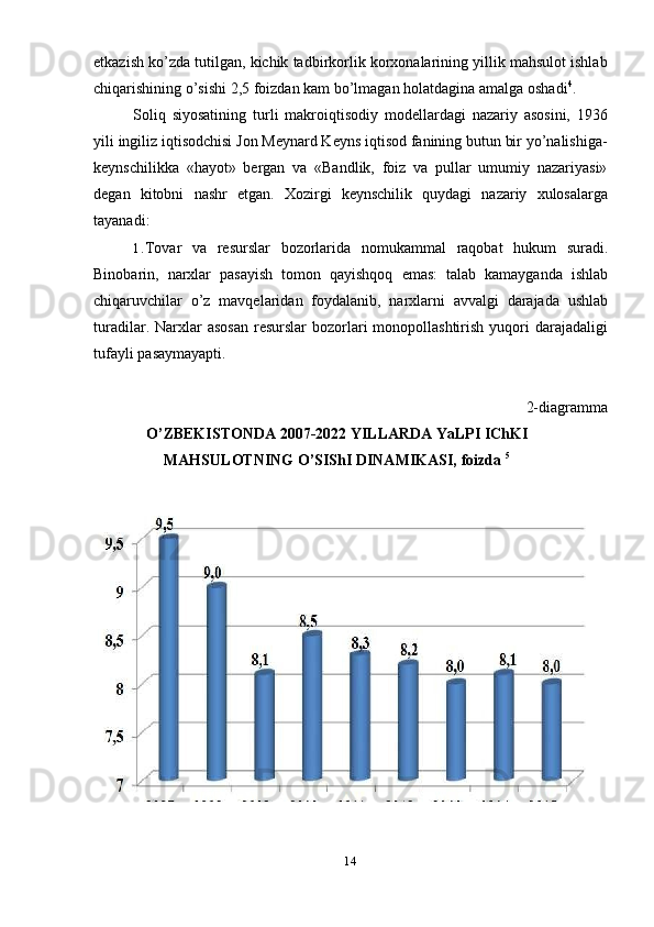 14etkazish ko’zda tutilgan, kichik tadbirkorlik korxonalarining yillik mahsulot ishlab
chiqarishining   o’sishi   2,5   foizdan   kam   bo’lmagan   holatdagina   amalga   oshadi 4
.
Soliq   siyosatining   turli   makroiqtisodiy   modellardagi   nazariy   asosini,   1936
yili ingiliz iqtisodchisi Jon Meynard Keyns iqtisod fanining butun bir yo’nalishiga-
keynschilikka   «hayot»   bergan   va   «Bandlik,   foiz   va   pullar   umumiy   nazariyasi»
degan   kitobni   nashr   etgan.   Xozirgi   keynschilik   quydagi   nazariy   xulosalarga
tayanadi:
1. Tovar   va   resurslar   bozorlarida   nomukammal   raqobat   hukum   suradi.
Binobarin,   narxlar   pasayish   tomon   qayishqoq   emas:   talab   kamayganda   ishlab
chiqaruvchilar   o’z   mavqelaridan   foydalanib,   narxlarni   avvalgi   darajada   ushlab
turadilar.  Narxlar   asosan  resurslar   bozorlari   monopollashtirish  yuqori  darajadaligi
tufayli   pasaymayapti.
2- diagramma
O’ZBEKISTONDA 2007-2022 YILLARDA YaLPI IChKI
MAHSULOTNING   O’SIShI  DINAMIKASI, foizda   5