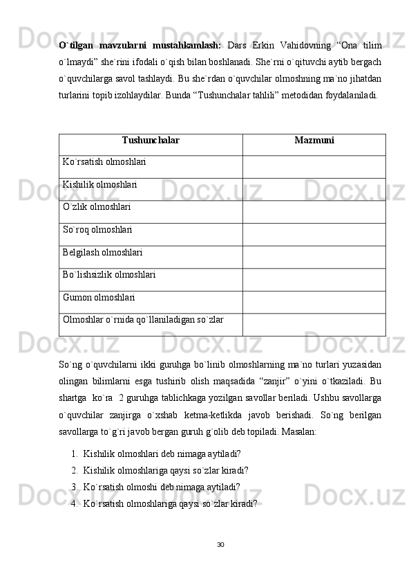 O`tilgan   mavzularni   mustahkamlash:   Dars   Erkin   Vahidovning   “Ona   tilim
o`lmaydi” she`rini ifodali o`qish bilan boshlanadi. She`rni o`qituvchi aytib bergach
o`quvchilarga savol tashlaydi. Bu she`rdan o`quvchilar olmoshning ma`no jihatdan
turlarini topib izohlaydilar. Bunda “Tushunchalar tahlili” metodidan foydalaniladi. 
Tushunchalar Mazmuni
Ko`rsatish olmoshlari
Kishilik olmoshlari
O`zlik olmoshlari
So`roq olmoshlari
Belgilash olmoshlari
Bo`lishsizlik olmoshlari
Gumon olmoshlari
Olmoshlar o`rnida qo`llaniladigan so`zlar 
So`ng  o`quvchilarni  ikki  guruhga  bo`linib  olmoshlarning  ma`no  turlari  yuzasidan
olingan   bilimlarni   esga   tushirib   olish   maqsadida   “zanjir”   o`yini   o`tkaziladi.   Bu
shartga   ko`ra   2 guruhga tablichkaga yozilgan savollar beriladi. Ushbu savollarga
o`quvchilar   zanjirga   o`xshab   ketma-ketlikda   javob   berishadi.   So`ng   berilgan
savollarga to`g`ri javob bergan guruh g`olib deb topiladi. Masalan: 
1. Kishilik olmoshlari deb nimaga aytiladi? 
2. Kishilik olmoshlariga qaysi so`zlar kiradi? 
3. Ko`rsatish olmoshi deb nimaga aytiladi? 
4. Ko`rsatish olmoshlariga qaysi so`zlar kiradi? 
30