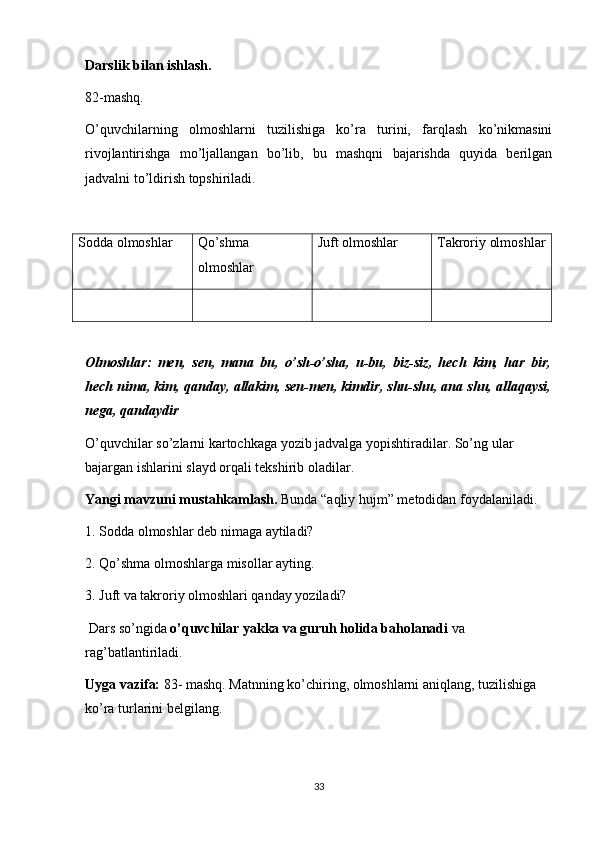 Darslik bilan ishlash. 
82-mashq. 
O’quvchilarning   olmoshlarni   tuzilishiga   ko’ra   turini,   farqlash   ko’nikmasini
rivojlantirishga   mo’ljallangan   bo’lib,   bu   mashqni   bajarishda   quyida   berilgan
jadvalni to’ldirish topshiriladi. 
Sodda olmoshlar Qo’shma
olmoshlar Juft olmoshlar Takroriy olmoshlar
Olmoshlar:   men,   sen,   mana   bu,   o’sh-o’sha,   u-bu,   biz-siz,   hech   kim,   har   bir,
hech nima, kim, qanday, allakim, sen-men, kimdir, shu-shu, ana shu, allaqaysi,
nega, qandaydir
O’quvchilar so’zlarni kartochkaga yozib jadvalga yopishtiradilar. So’ng ular 
bajargan ishlarini slayd orqali tekshirib oladilar. 
Yangi mavzuni mustahkamlash.  Bunda “aqliy hujm” metodidan foydalaniladi. 
1. Sodda olmoshlar deb nimaga aytiladi?
2. Qo’shma olmoshlarga misollar ayting.
3. Juft va takroriy olmoshlari qanday yoziladi?
 Dars so’ngida  o’quvchilar yakka va guruh holida baholanadi  va 
rag’batlantiriladi.
Uyga vazifa:  83- mashq. Matnning ko’chiring, olmoshlarni aniqlang, tuzilishiga 
ko’ra turlarini belgilang.
33 