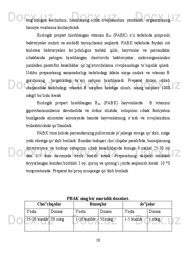 bug’ozligini   kechishini,   homilaning   ichki   rivojlanishini   yaxshilab,   organizmning
himoya vositasini kuchaytiradi. 
Biologik   prepart   hisoblangan   vitamin   B
12   (PABK)   o’z   tarkibida   propionli
bakteriyalar   muhiti   va   asidofil   tayoqchasini   saqlaydi.   PABK   tarkibida   foydali   sut
kislotasi   bakteriyalari   ko’pchiligini   tashkil   qilib,   hayvonlar   va   parrandalar
ichaklarida   patogen   hisoblangan   chirituvchi   bakteriyalar,   mikroorganizmlao
jumladan   paratifoz   kasalliklar   qo’zg’atuvchilarini   rivojlanishiga   to’sqinlik   qiladi.
Ushbu   preparatning   samaradorligi   tarkibidagi   ikkita   oziqa   muhiti   va   vitamin   B
guruhining     birgalikdagi   ta’siri   natijasi   hisoblanadi.   Preparat   dozasi   ishlab
chiqarishda   tarkibidagi   vitamin   B   miqdori   hisobga   olinib,   uning   miqdori   1000
mkg/l bo’lishi kerak. 
Biologik   prepart   hisoblangan   B
12   (PABK)   hayvonlarda     B   vitamini
gipovitaminozlarini   davolashda   va   oldini   olishda,   oshqozon   ichak   faoliyatini
buzilganda   alimentar   anemiyada   hamda   hayvonlarning   o’sish   va   rivojlanishini
tezlashtirishda qo’llaniladi. 
PABK toza holida parrandarning pullorozida jo’jalarga suviga qo’shib, sutga
yoki obratga qo’shib beriladi. Bundan tashqari cho’chqalar paratifida, buzoqlarning
dizenteriyasi   va   boshqa   oshqozon   ichak   kasalliklarida   kuniga   3   mahal   25-30   ml
dan   3-5   kun   davomida   berib   borish   kerak.   Preparatning   saqlash   muddati
tayyorlangan kundan boshlab 3 oy, quruq va qorong’i joyda saqlanish kerak. 10 °S
temperaturada. Preparat ko’proq ozuqasiga qo’shib beriladi. 
 
 
 
PBAK ning bir martalik dozalari. 
Cho chqalar ‟ Buzoqlar  Jo jalar  	‟
Yoshi  Dozasi   Yoshi  Dozasi  Yoshi   Dozasi  
15-20 kunlik 20 mkg  1-10 kunlik   50 mkg  1-5 kunlik  1 mkg 
18  
  