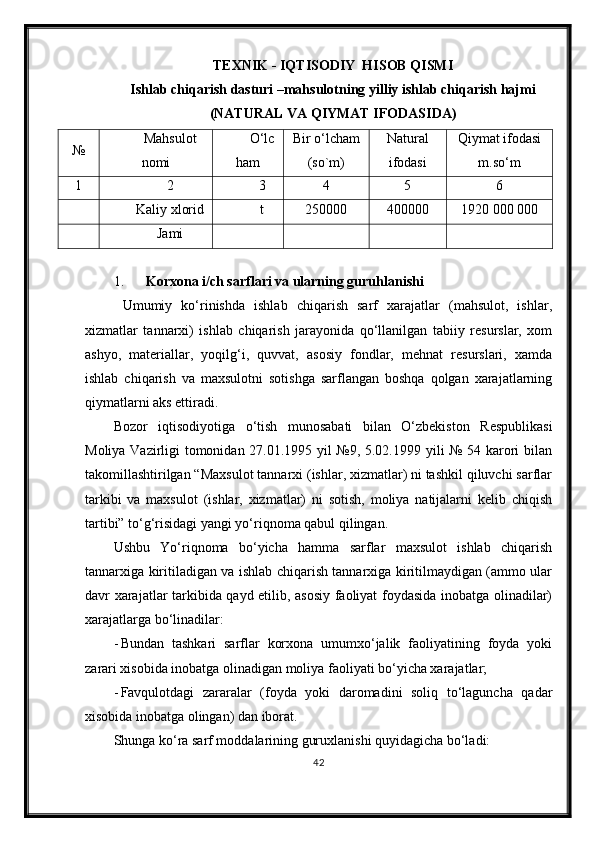 TEXNIK - IQTISODIY  HISOB QISMI
Ishlab chiqarish dasturi –mahsulotning yilliy ishlab chiqarish hajmi
(NATURAL VA QIYMAT IFODASIDA)
№ Ma h sulot
nomi O‘lc
ham Bir o‘lcham
(so`m) Natural
ifodasi Qiymat ifodasi
m.so‘m
1 2 3 4 5 6
Kaliy xlorid t 250000 400000 1 920  000   000
Jami
1. Korxona i/ch sarflari va ularning guru h lanishi
  Umumiy   ko‘rinishda   ishlab   chiqarish   sarf   xarajatlar   (mahsulot,   ishlar,
xizmatlar   tannarxi)   ishlab   chiqarish   jarayonida   qo‘llanilgan   tabiiy   resurslar,   xom
ashyo,   materiallar,   yoqilg‘i,   quvvat,   asosiy   fondlar,   mehnat   resurslari,   xamda
ishlab   chiqarish   va   maxsulotni   sotishga   sarflangan   boshqa   qolgan   xarajatlarning
qiymatlarni aks ettiradi.
Bozor   iqtisodiyotiga   o‘tish   munosabati   bilan   O‘zbekiston   Respublikasi
Moliya Vazirligi tomonidan 27.01.1995 yil №9, 5.02.1999 yili № 54 karori bilan
takomillashtirilgan “Maxsulot tannarxi (ishlar, xizmatlar) ni tashkil qiluvchi sarflar
tarkibi   va   maxsulot   (ishlar,   xizmatlar)   ni   sotish,   moliya   natijalarni   kelib   chiqish
tartibi” to‘g‘risidagi yangi yo‘riqnoma qabul qilingan.
Ushbu   Yo‘riqnoma   bo‘yicha   hamma   sarflar   maxsulot   ishlab   chiqarish
tannarxiga kiritiladigan va ishlab chiqarish tannarxiga kiritilmaydigan (ammo ular
davr xarajatlar tarkibida qayd etilib, asosiy faoliyat foydasida inobatga olinadilar)
xarajatlarga bo‘linadilar:
- Bundan   tashkari   sarflar   korxona   umumxo‘jalik   faoliyatining   foyda   yoki
zarari xisobida inobatga olinadigan moliya faoliyati bo‘yicha xarajatlar;
- Favqulotdagi   zararalar   (foyda   yoki   daromadini   soliq   to‘laguncha   qadar
xisobida inobatga olingan) dan iborat.
Shunga ko‘ra sarf moddalarining guruxlanishi quyidagicha bo‘ladi:
42 