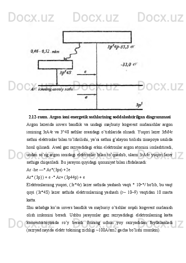 2.12-rasm. Argon ioni energetik sathlarining soddalashtirilgan diagrammasi
Argon   lazerida   invers   bandlik   va   undagi   majburiy   kogerent   nurlanishlar   argon
ionining 3rA4r   va 3^48  sathlar  orasidagi  o’tishlarida olinadi.  Yuqori   lazer  3rM4r
sathni elektronlar bilan to’ldirilishi, ya’ni sathni g’alayon tirilishi zinapoya usulida
hosil qilinadi. Awal gaz razryadidagi erkin elektronlar argon atomini ionlashtiradi,
undan so’ng argon ionidagi elektronlar bilan to’qnashib, ulami 3rA4r yuqori lazer
sathiga chiqariladi. Bu jarayon quyidagi qonuniyat bilan ifodalanadi:
Ar -he —* Ar*(3ps) +2e
Ar* (3p}) + e -* Ar+ (3p44p) + e
Elektronlarning yuqori, (3r*4r) lazer sathida yashash vaqti * 10•*/ bo'lib, bu vaqt
quyi   (3r*4S)   lazer   sathida   elektronlarning   yashash   (r~   10~9)   vaqtidan   10   marta
katta.
Shu   sababga   ko’ra   invers   bandlik   va   majburiy   o’tishlar   orqali   kogerent   nurlanish
olish   imkonini   beradi.   Ushbu   jarayonlar   gaz   razryadidagi   elektronlaming   katta
konsentratsiyasida   ro’y   beradi.   Buning   uchun   yoy   razryadidan   foydalaniladi
(razryad nayida elektr tokining zichligi ~100A/sm2 gacha bo’lishi mumkin). 