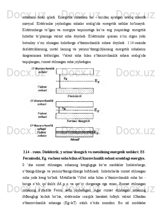 sohalami   hosil   qiladi.   Energetik   sohalami   bir   -   biridan   ajratgan   oraliq   masofa
mavjud.   Elektronlar   joylashgan   sohalar   oralig’ida   energetik   sathlar   bo'lmaydi.
Elektronlarga   to’lgan   va   energiya   taqsimotiga   ko’ra   eng   yuqoridagi   energetik
holatlar   to’plamiga   valent   soha   deyiladi.   Elektronlar   qisman   o’rin   olgan   yoki
butunlay   o’rin   olmagan   holatlarga   o'tkazmchanlik   sohasi   deyiladi.   1.14-rasmda
dielektriklaming,   metal   laming   va   yarimo’tkazgichlaming   energetik   sohalarini
diagrammasi   keltirilgan.   Valent   soha   bilan   o’tkazuvchanlik   sohasi   oralig’ida
taqiqlangan, ruxsat etilmagan soha joylashgan.
2.14 - rasm. Dielektrik,  у  arimo’tkazgich va metalining energetik sathlari: Ef-
Fermisathi, Eg. vachent soha bilan oUkazuvchanlik sohasi orasidagi energiya.
0   ‘sha   ruxsat   etilmagan   sohaning   kengligiga   ko’ra   moddalar   Izolatorlarga,
o’tkazgichlarga   va   yarimo'tkazgichlarga   boMinadi.   Iiolatorlarda   ruxsat   etilmagan
soha   juda   keng   bo'ladi.   Metallarda   Viltnt   soha   bilan   o’tkazuvchanlik   soha   bir   -
biriga   o’tib,   qo’shilib   iM   p   n   va   qat’iy   chegaraga   ega   emas.   Ruxsat   etilmagan
sohaning   6’rtaslda   Fermi   sathi   joylashgan.   Agar   ruxsat   etilmagan   sohaning
iMkmgligi   kichik   bo’lsa,   elektronlar   issiqlik   harakati   tufayli   valent   lOkadan
o'tkazuvchanlik   sohasiga   (Eg~kT)   oshih   o’tishi   mumkin.   Bu   xil   moddalar 