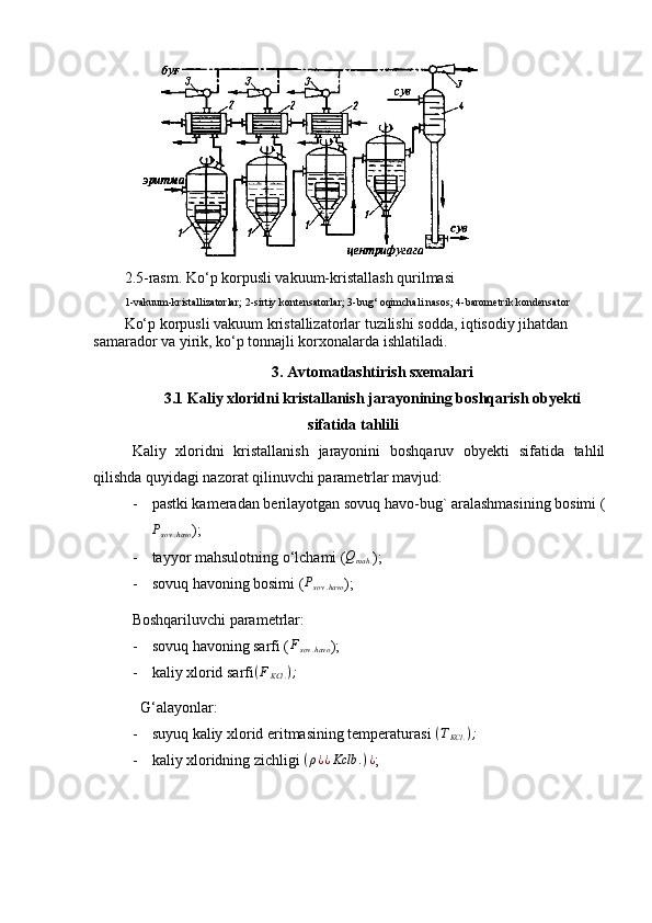 2.5-rasm. Ko‘p korpusli vakuum-kristallash qurilmasi
1-vakuum-kristallizatorlar; 2-sirtiy kontensatorlar; 3-bug‘ oqimchali nasos; 4-barometrik kondensator
Ko‘p korpusli vakuum kristallizatorlar tuzilishi sodda, iqtisodiy jihatdan 
samarador va yirik, ko‘p tonnajli korxonalarda ishlatiladi.
3. Avtomatlashtirish sxemalari
3.1 Kaliy xloridni kristallanish jarayonining boshqarish obyekti
sifatida tahlili
Kaliy   xloridni   kristallanish   jarayonini   boshqaruv   obyekti   sifatida   tahlil
qilishda quyidagi nazorat qilinuvchi parametrlar mavjud:
- pastki kameradan berilayotgan sovuq havo-bug` aralashmasining bosimi (Psov	.havo
);
- tayyor mahsulotning o ‘ lchami ( Q
mah . ) ;  
- sovuq havoning bosimi  (	
Psov	.havo ) ; 
Boshqariluvchi parametrlar: 
- sovuq havoning sarfi (	
Fsov	.havo ) ;
- kaliy xlorid sarfi	
(FKCl	.);
G ‘ alayonlar:
- suyuq kaliy xlorid eritmasining temperaturasi  ( T
KCl . ) ;
- kaliy xloridning zichligi  ( ρ ¿ ¿ Kclb . ) ¿
;   