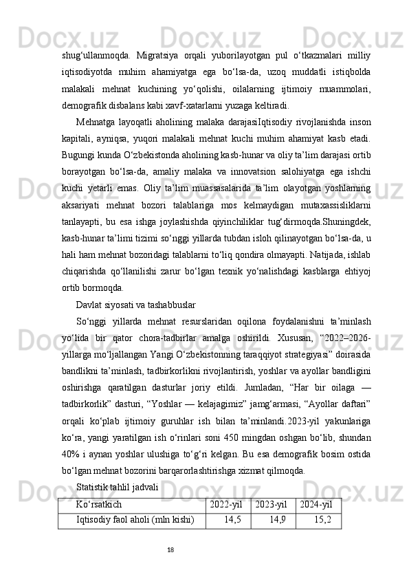18shug‘ullanmoqda.   Migratsiya   orqali   yuborilayotgan   pul   o‘tkazmalari   milliy
iqtisodiyotda   muhim   ahamiyatga   ega   bo‘lsa-da,   uzoq   muddatli   istiqbolda
malakali   mehnat   kuchining   yo‘qolishi,   oilalarning   ijtimoiy   muammolari,
demografik disbalans kabi xavf-xatarlarni yuzaga keltiradi.
Mehnatga   layoqatli   aholining   malaka   darajasiIqtisodiy   rivojlanishda   inson
kapitali,   ayniqsa,   yuqori   malakali   mehnat   kuchi   muhim   ahamiyat   kasb   etadi.
Bugungi kunda O‘zbekistonda aholining kasb-hunar va oliy ta’lim darajasi ortib
borayotgan   bo‘lsa-da,   amaliy   malaka   va   innovatsion   salohiyatga   ega   ishchi
kuchi   yetarli   emas.   Oliy   ta’lim   muassasalarida   ta’lim   olayotgan   yoshlarning
aksariyati   mehnat   bozori   talablariga   mos   kelmaydigan   mutaxassisliklarni
tanlayapti,   bu   esa   ishga   joylashishda   qiyinchiliklar   tug‘dirmoqda.Shuningdek,
kasb-hunar ta’limi tizimi so‘nggi yillarda tubdan isloh qilinayotgan bo‘lsa-da, u
hali ham mehnat bozoridagi talablarni to‘liq qondira olmayapti. Natijada, ishlab
chiqarishda   qo‘llanilishi   zarur   bo‘lgan   texnik   yo‘nalishdagi   kasblarga   ehtiyoj
ortib bormoqda.
Davlat siyosati va tashabbuslar
So‘nggi   yillarda   mehnat   resurslaridan   oqilona   foydalanishni   ta’minlash
yo‘lida   bir   qator   chora-tadbirlar   amalga   oshirildi.   Xususan,   “2022–2026-
yillarga mo‘ljallangan Yangi O‘zbekistonning taraqqiyot strategiyasi” doirasida
bandlikni ta’minlash, tadbirkorlikni rivojlantirish, yoshlar va ayollar bandligini
oshirishga   qaratilgan   dasturlar   joriy   etildi.   Jumladan,   “Har   bir   oilaga   —
tadbirkorlik” dasturi,  “Yoshlar   — kelajagimiz”  jamg‘armasi,  “Ayollar  daftari”
orqali   ko‘plab   ijtimoiy   guruhlar   ish   bilan   ta’minlandi.2023-yil   yakunlariga
ko‘ra,   yangi   yaratilgan   ish   o‘rinlari   soni   450   mingdan   oshgan   bo‘lib,   shundan
40%  i  aynan   yoshlar   ulushiga  to‘g‘ri   kelgan.  Bu   esa  demografik  bosim  ostida
bo‘lgan mehnat bozorini barqarorlashtirishga xizmat qilmoqda.
Statistik tahlil jadvali
Ko‘rsatkich 2022-yil 2023-yil 2024-yil
Iqtisodiy faol aholi (mln kishi) 14,5 14,9 15,2 