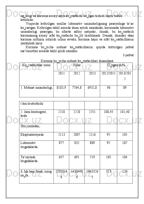 og‗irligi va korxona asosiy xajm ko‗rsatkichi bo‗lgan tashish hajmi tushib 
ketishidir. 
Yuqorida   keltirilgan   omillar   lokomotiv   unumdorligining   pasayishiga   ta‘sir
ko‗rsatgan. Keltirilgan tahlil asosida shuni aytish mumkinki, korxonada lokomotiv
unumdorligi   pasaygan,   bu   albatta   salbiy   natijadir,   chunki,   bu   ko‗rsatkich
korxonaning   asosiy   sifat   ko‗rsatkichi   bo‗lib   hisoblanadi.   Demak,   shunday   ekan
korxona   nufuzini   oshirish   uchun   avvalo,   korxona   hajm   va   sifat   ko‗rsatkichlarini
yaxshilash zarur. 
Korxona   bo‗yicha   mehnat   ko‗rsatkichlarini   quyida   keltirilgan   jadval
ma‘lumotlari asosida tahlil qilish mumkin. 
3-jadval 
Korxona bo‗yicha mehnat ko‗rsatkichlari dinamikasi 
Ko‗rsatkichlar nomi Yillar O‗zgarish,%
2011 2012 2013 2012/2011 2013/201
2
1. Mehnat unumdorligi, 8103,9 7764,8 6932,0 96 89
t.km.brutto/kishi
2. Jami kontingent, 
kishi 2210 2220 2251 100,45 101,40
Shu jumladan,
Ekspluatatsiyada 2113 2007 2116 95 105
Lokomotiv 
brigadalarda 877 832 889 95 107
Ta‘mirlash 
brigadalarda 657 691 719 105 104
3. Ish haqi fondi, ming 
so‗m 1262014
6 1430490
6 1843326
5 113 129
    