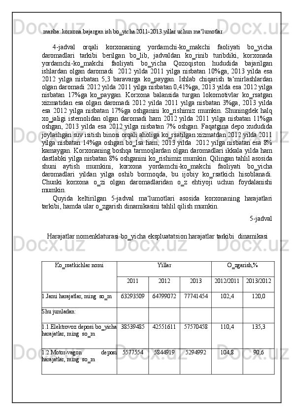 manba: korxona bajargan ish bo‗yicha 2011-2013 yillar uchun ma‘lumotlar   
4-jadval   orqali   korxonaning   yordamchi-ko‗makchi   faoliyati   bo‗yicha
daromadlari   tarkibi   berilgan   bo‗lib,   jadvaldan   ko‗rinib   turibdiki,   korxonada
yordamchi-ko‗makchi   faoliyati   bo‗yicha   Qozoqiston   hududida   bajarilgan
ishlardan olgan daromadi    2012 yilda 2011 yilga nisbatan  10%ga, 2013 yilda esa
2012   yilga   nisbatan   5,3   baravarga   ko‗paygan.   Ishlab   chiqarish   ta‘mirlashlardan
olgan daromadi 2012 yilda 2011 yilga nisbatan 0,41%ga, 2013 yilda esa 2012 yilga
nisbatan   17%ga   ko‗paygan.   Korxona   balansida   turgan   lokomotivlar   ko‗rsatgan
xizmatidan  esa   olgan  daromadi   2012  yilda   2011  yilga   nisbatan  3%ga,  2013  yilda
esa   2012   yilga   nisbatan   17%ga   oshganini   ko‗rishimiz   mumkin.   Shuningdek   halq
xo‗jaligi istemolidan olgan daromadi  ham 2012 yilda 2011 yilga nisbatan  11%ga
oshgan, 2013 yilda esa  2012 yilga nisbatan 7% oshgan. Faqatgina depo xududida
joylashgan suv isitish binosi orqali aholiga ko‗rsatilgan xizmatdan 2012 yilda 2011
yilga nisbatan 14%ga oshgan bo‗lsa ham, 2013 yilda   2012 yilga nisbatan esa 8%
kamaygan. Korxonaning boshqa tarmoqlardan olgan daromadlari ikkala yilda ham
dastlabki yilga nisbatan 8% oshganini ko‗rishimiz mumkin. Qilingan tahlil asosida
shuni   aytish   mumkini,   korxona   yordamchi-ko‗makchi   faoliyati   bo‗yicha
daromadlari   yildan   yilga   oshib   bormoqda,   bu   ijobiy   ko‗rsatkich   hisoblanadi.
Chunki   korxona   o‗zi   olgan   daromadlaridan   o‗z   ehtiyoji   uchun   foydalanishi
mumkin. 
Quyida   keltirilgan   5-jadval   ma‘lumotlari   asosida   korxonaning   harajatlari
tarkibi, hamda ular o‗zgarish dinamikasini tahlil qilish mumkin. 
5-jadval 
Harajatlar nomenklaturasi bo‗yicha ekspluatatsion harajatlar tarkibi  dinamikasi 
Ko‗rsatkichlar nomi Yillar O‗zgarish,%
2011 2012 2013 2012/2011 2013/2012
1.Jami harajatlar, ming  so‗m 63293509 64799072 77741454 102,4 120,0
Shu jumladan:
1.1.Elektrovoz deposi bo‗yicha
harajatlar, ming  so‗m 38539485 42551611 57570458 110,4 135,3
1.2.Motor-vagon   deposi
harajatlar, ming  so‗m 5577554 5844919 5294992 104,8 90,6