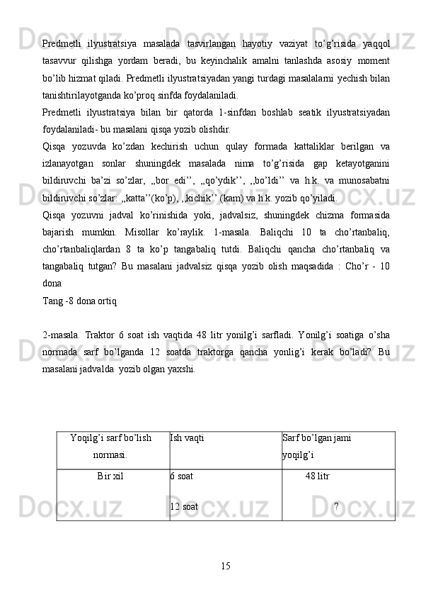 15Predmetli   ilyustratsiya   masalada   tasvirlangan   hayotiy   vaziyat   to’g’risida   yaqqol
tasavvur   qilishga   yordam   beradi,   bu   keyinchalik   amalni   tanlashda   asosiy   moment
bo’lib hizmat qiladi. Predmetli ilyustratsiyadan yangi turdagi masalalarni   yechish   bilan
tanishtirilayotganda   ko’proq   sinfda   foydalaniladi.
Predmetli   ilyustratsiya   bilan   bir   qatorda   1-sinfdan   boshlab   seatik   ilyustratsiyadan
foydalaniladi-   bu   masalani   qisqa   yozib   olishdir.
Qisqa   yozuvda   ko’zdan   kechirish   uchun   qulay   formada   kattaliklar   berilgan   va
izlanayotgan   sonlar   shuningdek   masalada   nima   to’g’risida   gap   ketayotganini
bildiruvchi   ba’zi   so’zlar,   ,,bor   edi’’,   ,,qo’ydik’’,   ,,bo’ldi’’   va   h.k.   va   munosabatni
bildiruvchi   so’zlar:   ,,katta’’(ko’p),   ,,kichik’’   (kam)   va   h.k.   yozib   qo’yiladi.
Qisqa   yozuvni   jadval   ko’rinishida   yoki,   jadvalsiz,   shuningdek   chizma   formasida
bajarish   mumkin.   Misollar   ko’raylik.   1-masala.   Baliqchi   10   ta   cho’rtanbaliq,
cho’rtanbaliqlardan   8   ta   ko’p   tangabaliq   tutdi.   Baliqchi   qancha   cho’rtanbaliq   va
tangabaliq   tutgan?   Bu   masalani   jadvalsiz   qisqa   yozib   olish   maqsadida   :   Cho’r   -   10
dona
Tang   -8   dona ortiq
2-masala.   Traktor   6   soat   ish   vaqtida   48   litr   yonilg’i   sarfladi.   Yonilg’i   soatiga   o’sha
normada   sarf   bo’lganda   12   soatda   traktorga   qancha   yonlig’i   kerak   bo’ladi?   Bu
masalani jadvalda   yozib   olgan   yaxshi.
Yoqilg’i   sarf   bo’lish
normasi. Ish   vaqti Sarf   bo’lgan   jami  
yoqilg’i
Bir   xil 6   soat
12   soat 48   litr? 