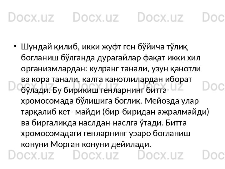 •
Шундай қилиб, икки жуфт ген бўйича тўлиқ 
богланиш бўлганда дурагайлар фақат икки хил 
организмлардан: кулранг танали, узун қанотли 
ва кора танали, калта канотлилардан иборат 
бўлади. Бу бирикиш генларнинг битта 
хромосомада бўлишига боглик. Мейозда улар 
тарқалиб кет- майди (бир-биридан ажралмайди) 
ва биргаликда наслдан-наслга ўтади. Битта 
хромосомадаги генларнинг уэаро богланиш 
конуни Морган конуни дейилади.  