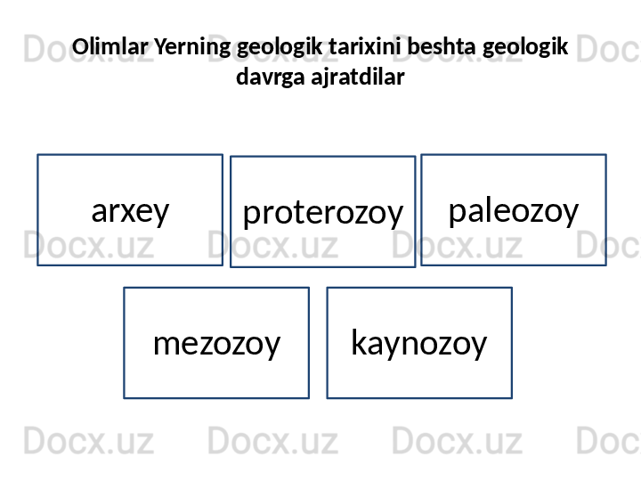 Olimlar Yerning geologik tarixini beshta geologik 
davrga ajratdilar
arxey
proterozoy paleozoy
mezozoy kaynozoy 