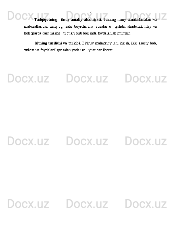 7
Tadqiqotning     ilmiy-amaliy   ahamiyati.   Ishning   ilmiy   umulashmalari   va
materiallaridan   xalq   og zaki   boyicha   ma ruzalar   o qishda,   akademik   litsy   va  
kollejlarda dars mashg ulotlari olib borishda foydalanish mumkin.

Ishning tuzilishi va tarkibi.   Bitiruv malakaviy ishi kirish, ikki asosiy bob,
xulosa va foydalanilgan adabiyotlar ro yhatidan iborat.	

 
    