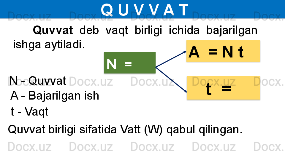   Q U V V A T
      Quvvat  deb  vaqt  birligi  ichida  bajarilgan 
ishga aytiladi.
N  =  
N - Quvvat
  A - Bajarilgan ish
t - Vaqt 
    Quvvat birligi sifatida Vatt (W) qabul qilingan. A  = N t
t  =      