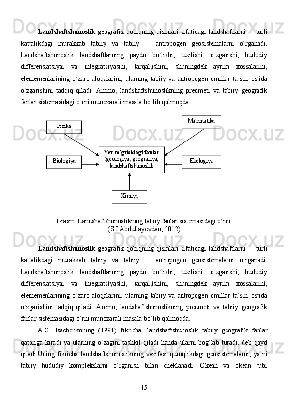 Landshaftshunoslik   geografik   qobiqning   qismlari   sifatidagi   lahdshaftlarni     turli
kattalikdagi   murakkab   tabiiy   va   tabiiy     antropogen   geosistemalarni   o`rganadi.	

Landshaftshunoslik   landshaftlarning   paydo   bo`lishi,   tuzilishi,   o`zgarishi,   hududiy
differensiatsiyai   va   integratsiyasini,   tarqal;ishini,   shuningdek   ayrim   xossalarini,
elememenlarining   o`zaro   aloqalarini,   ularning   tabiiy   va   antropogen   omillar   ta`siri   ostida
o`zgarishini   tadqiq   qiladi.   Ammo,   landshaftshunoslikning   predmeti   va   tabiiy   geografik
fanlar sistemasidagi o`rni munozarali masala bo`lib qolmoqda.
1-rasm. Landshaftshunoslikning tabiiy fanlar sistemasidagi o`rni.
(S.I.Abdullayevdan, 2012)
Landshaftshunoslik   geografik   qobiqning   qismlari   sifatidagi   lahdshaftlarni     turli	

kattalikdagi   murakkab   tabiiy   va   tabiiy     antropogen   geosistemalarni   o`rganadi.	

Landshaftshunoslik   landshaftlarning   paydo   bo`lishi,   tuzilishi,   o`zgarishi,   hududiy
differensiatsiyai   va   integratsiyasini,   tarqal;ishini,   shuningdek   ayrim   xossalarini,
elememenlarining   o`zaro   aloqalarini,   ularning   tabiiy   va   antropogen   omillar   ta`siri   ostida
o`zgarishini   tadqiq   qiladi.   A mmo,   landshaftshunoslikning   predmeti   va   tabiiy   geografik
fanlar sistemasidagi o`rni munozarali masala bo`lib qolmoqda.
A.G.   Isachenkoning   (1991)   fikricha,   landshaftshunoslik   tabiiy   geografik   fanlar
qatoriga   kiradi   va   ularning   o`zagini   tashkil   qiladi   handa   ularni   bog`lab   turadi,   deb   qayd
qiladi.Uning   fikricha   landshaftshunoslikning   vazifasi   quruqlikdagi   geosistemalarni,   ya`ni
tabiiy   hududiy   komplekslarni   o`rganish   bilan   cheklanadi.   Okean   va   okean   tubi
15Fizika Matematika
EkologiyaBiologiya
XimiyaYer to`grisidagi fanlar
(geologiya, geografiya,
landshaftshunoslik 